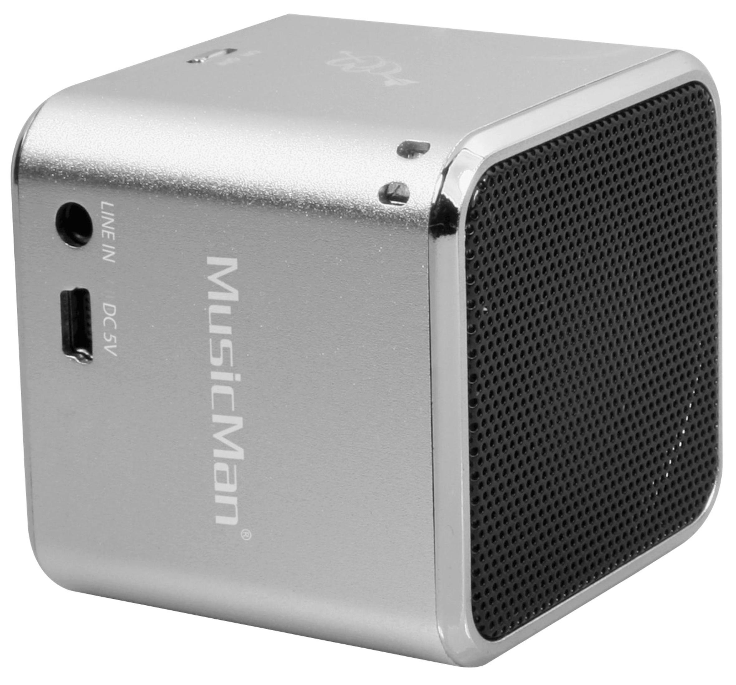 Srebrny głośnik MusicMan z czarną maskownicą, portami i nazwą marki.