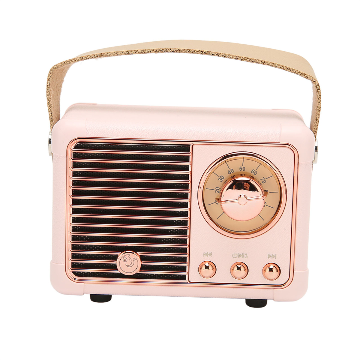 Rosa Radio im Retro-Stil mit Griff und Drehregler. Front mit Lautsprechergitter und Knöpfen.