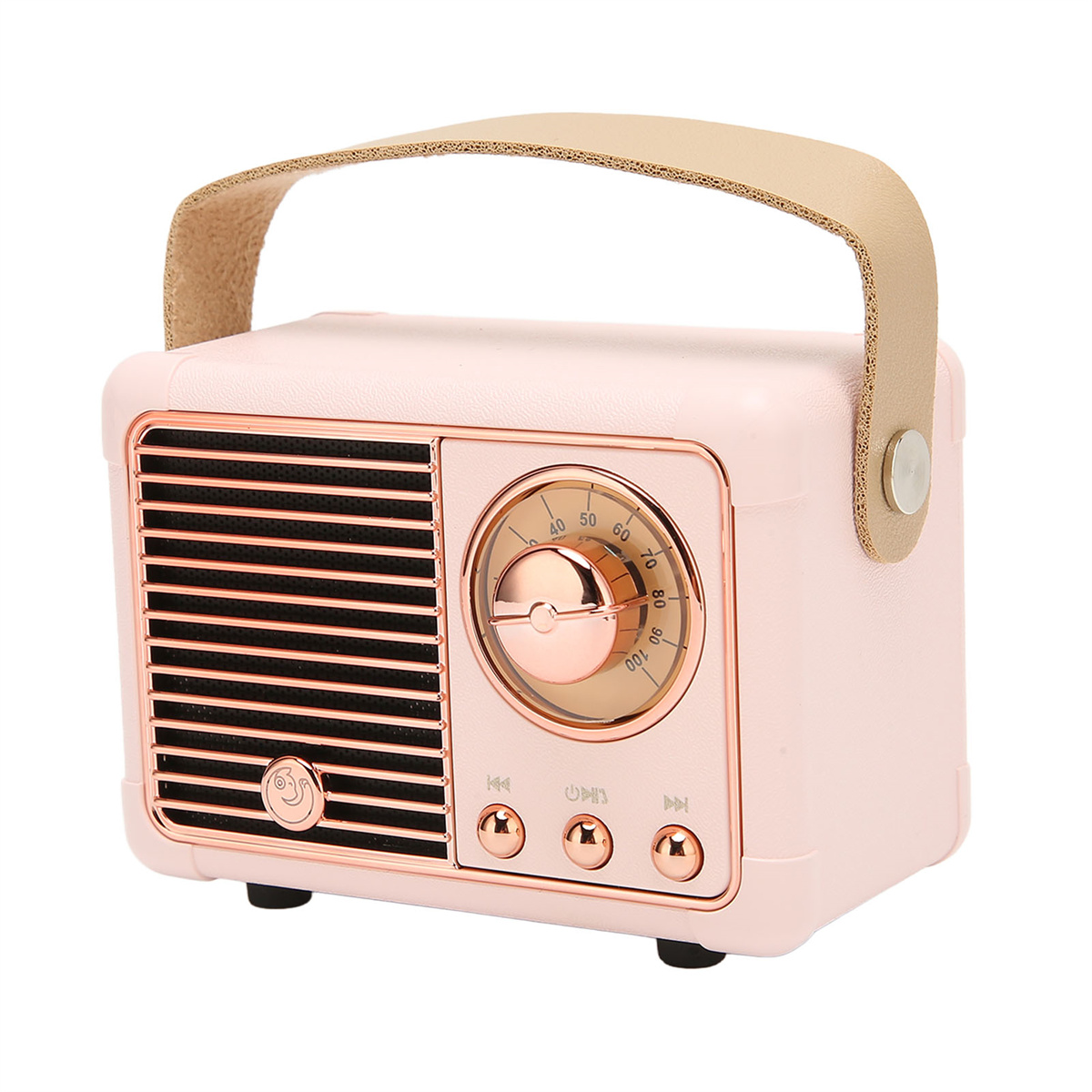 Rosa Retro-Radio mit Griff und goldenen Akzenten. Verfügt über ein Zifferblatt und Tasten.