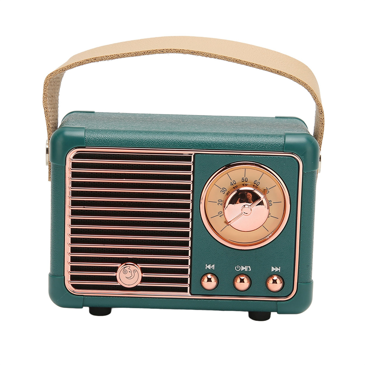 Grünes Retro-Radio mit goldenen Akzenten. Beiger Griff. Drei Knöpfe und Drehregler.