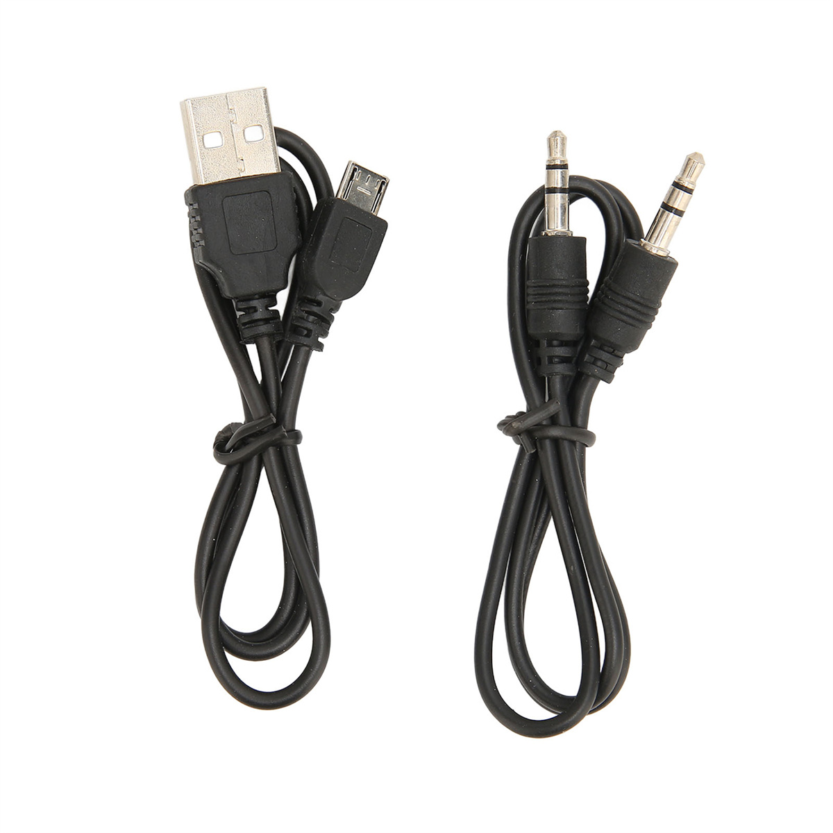 Zwei schwarze Kabel: eines mit USB und Micro-USB, das andere mit zwei 3,5-mm-Klinken.