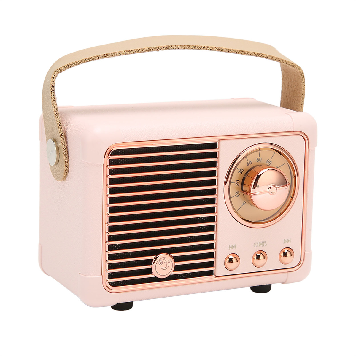 Rosa Retro-Radio mit beigem Griff, Zifferblatt und Knöpfen. Ein Lautsprechergrill und Knöpfe sind sichtbar.