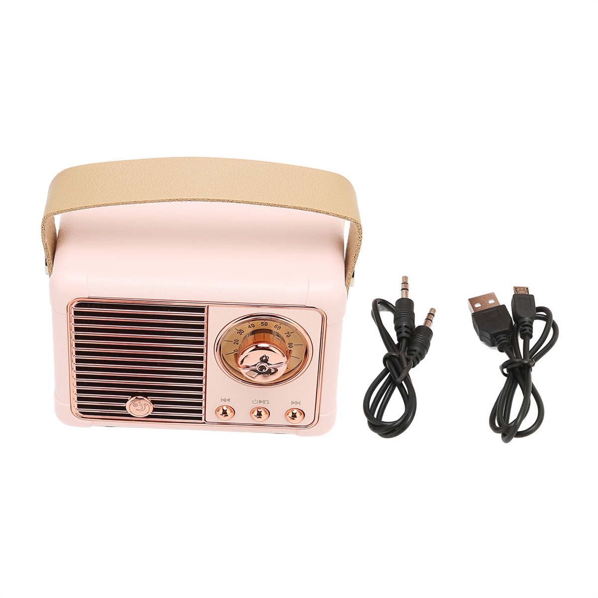 Rosa Retro-Radio mit Kabeln und Griff.
