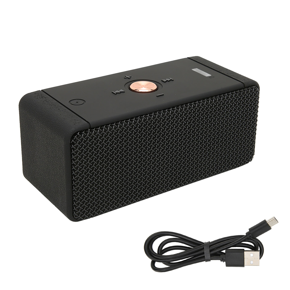 Schwarzer Lautsprecher mit Mesh-Front, USB-C-Kabel. Roségold-Knopf.