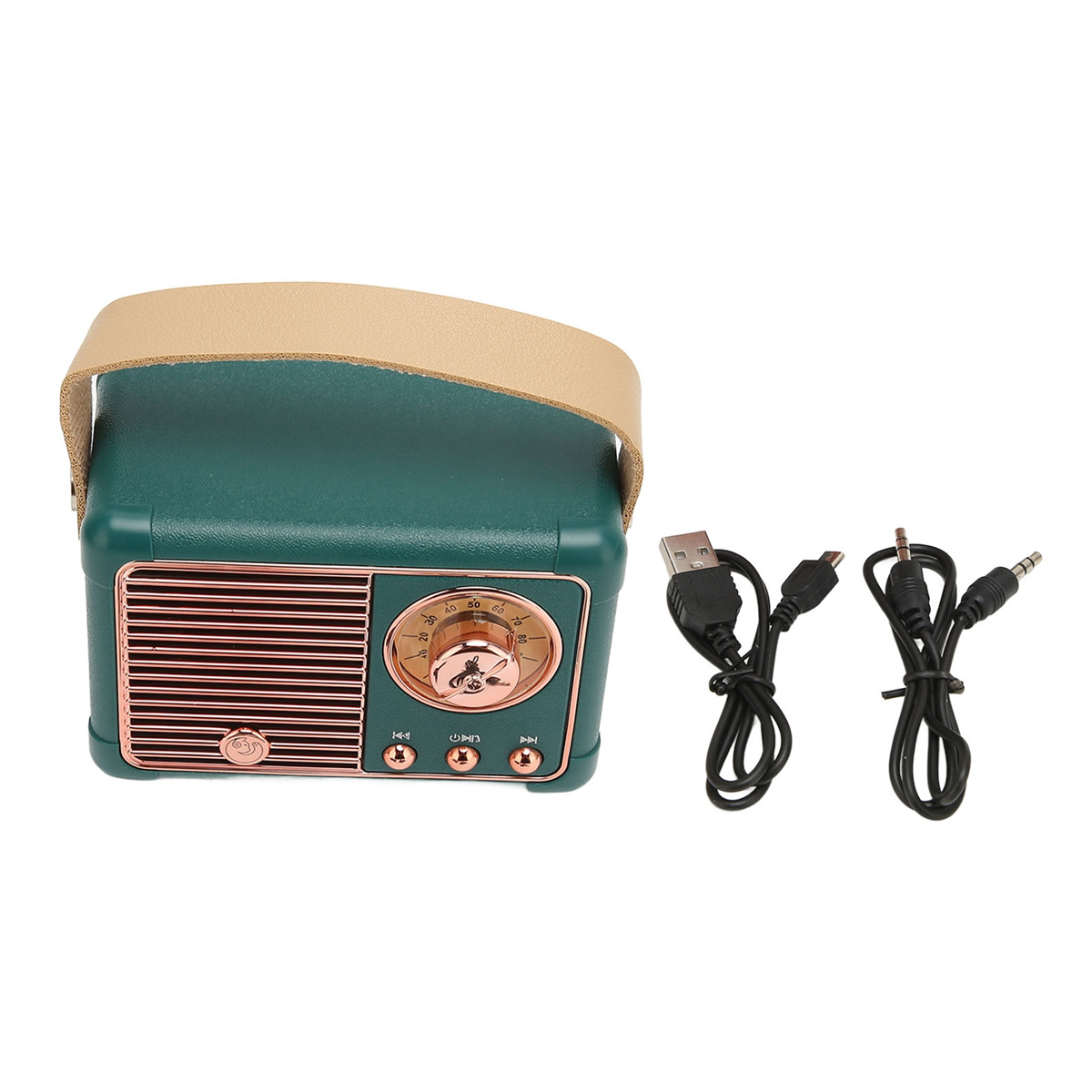 Retro-Radio in Türkis mit roségoldenen Akzenten, beigem Griff und schwarzen Kabeln.