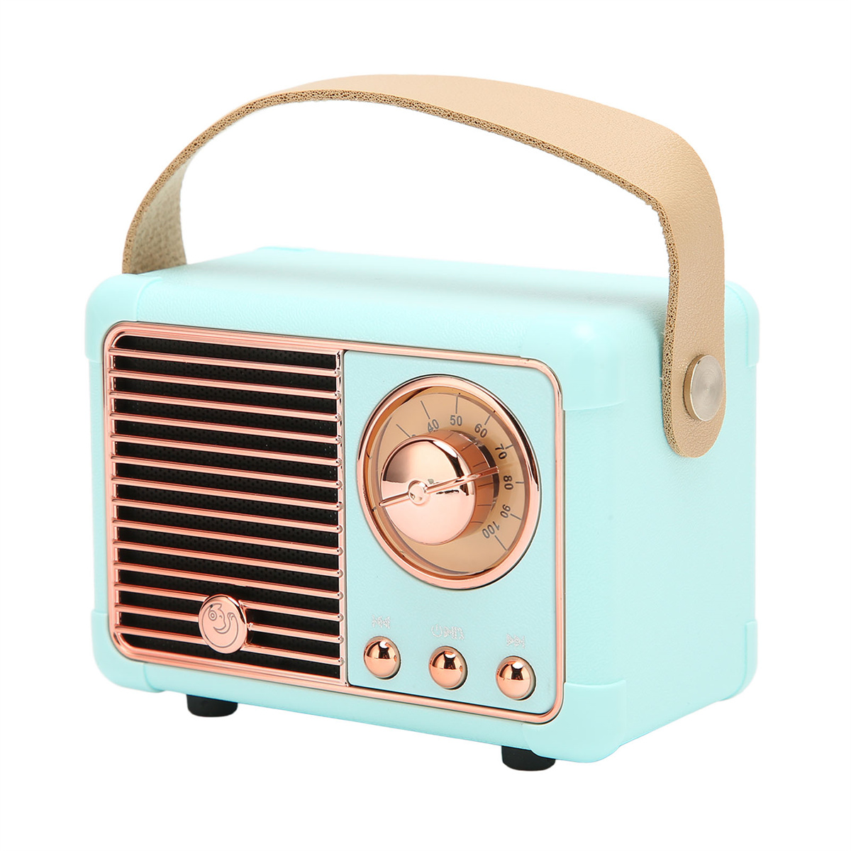Ein hellblaues Retro-Radio mit Griff. Es hat ein Zifferblatt, einen Lautsprecher und Knöpfe. Oben befindet sich ein beiger Griff.