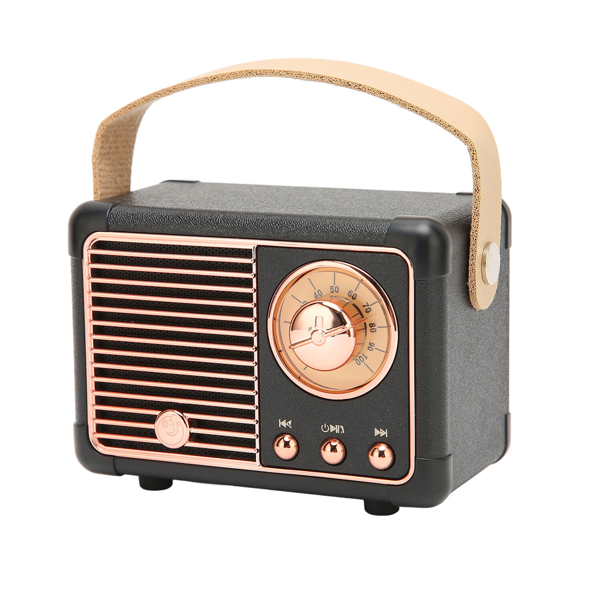 Retro-schwarzes Radio mit Ledergriff. Es hat ein Zifferblatt und roségoldene Akzente.
