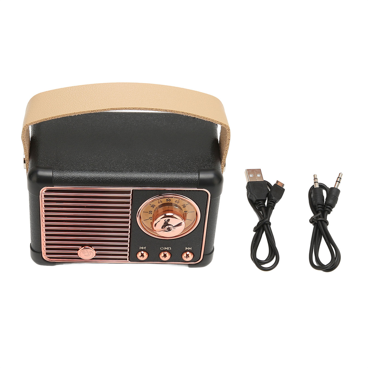 Schwarzes und roségoldenes Radio mit Kabeln und Ledergriff. Retro-Design.