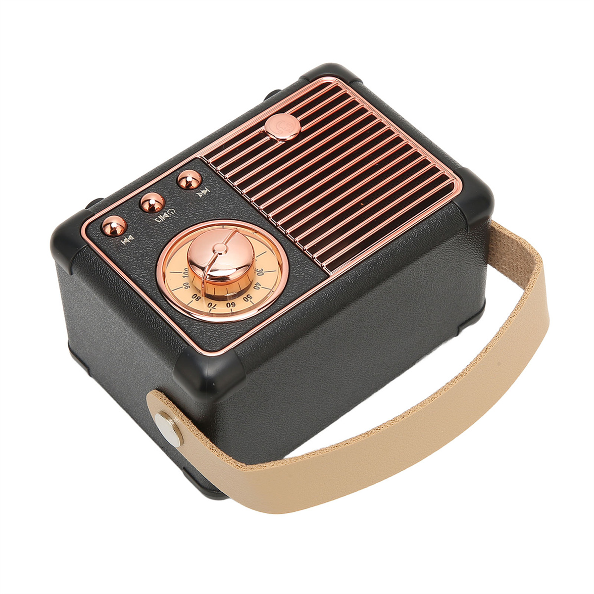Schwarz-goldenes Radio im Vintage-Stil mit Griff. Das Radio hat ein Zifferblatt und Knöpfe.