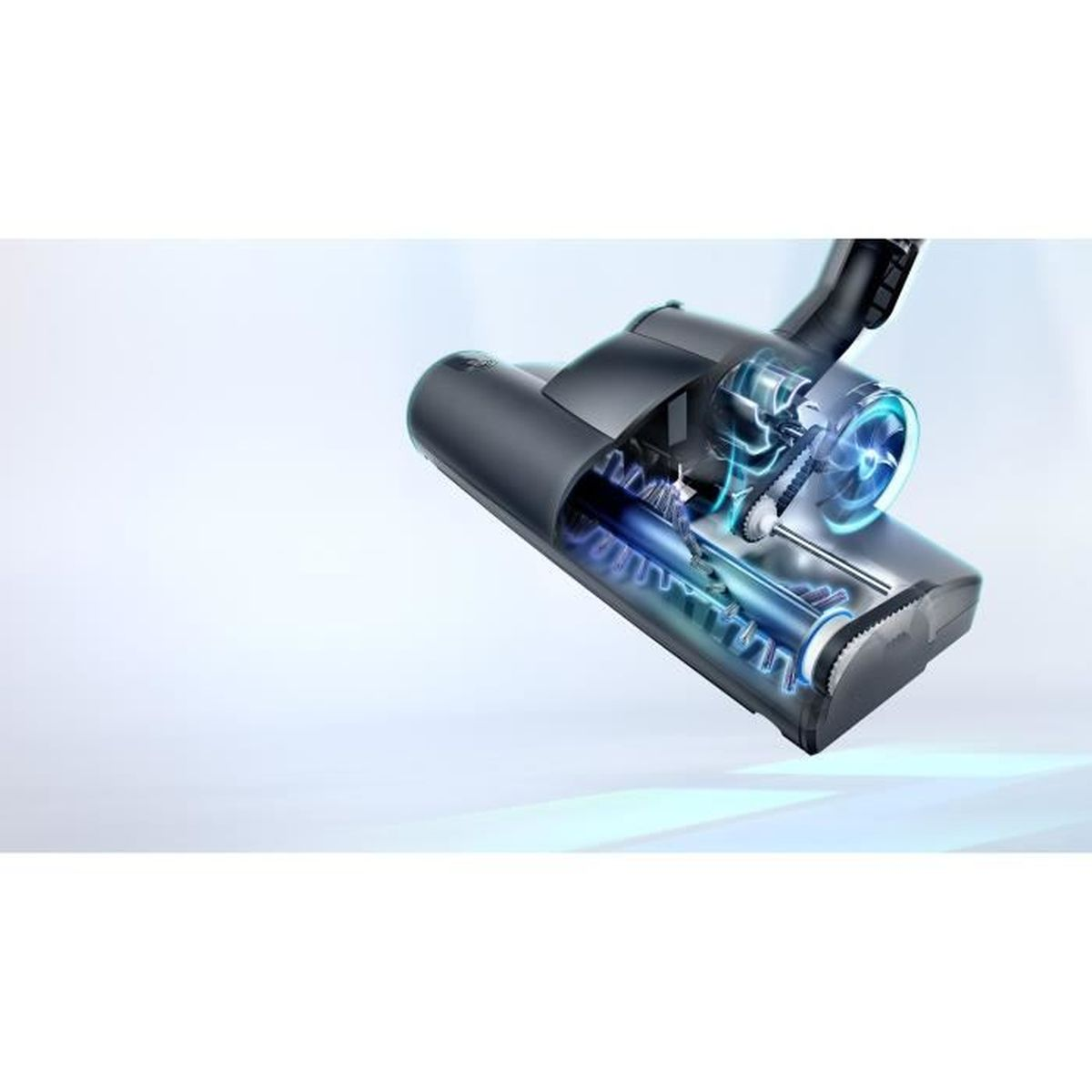 Przekrój odkurzacza. Elementy wewnętrzne podświetlone niebieskimi liniami.