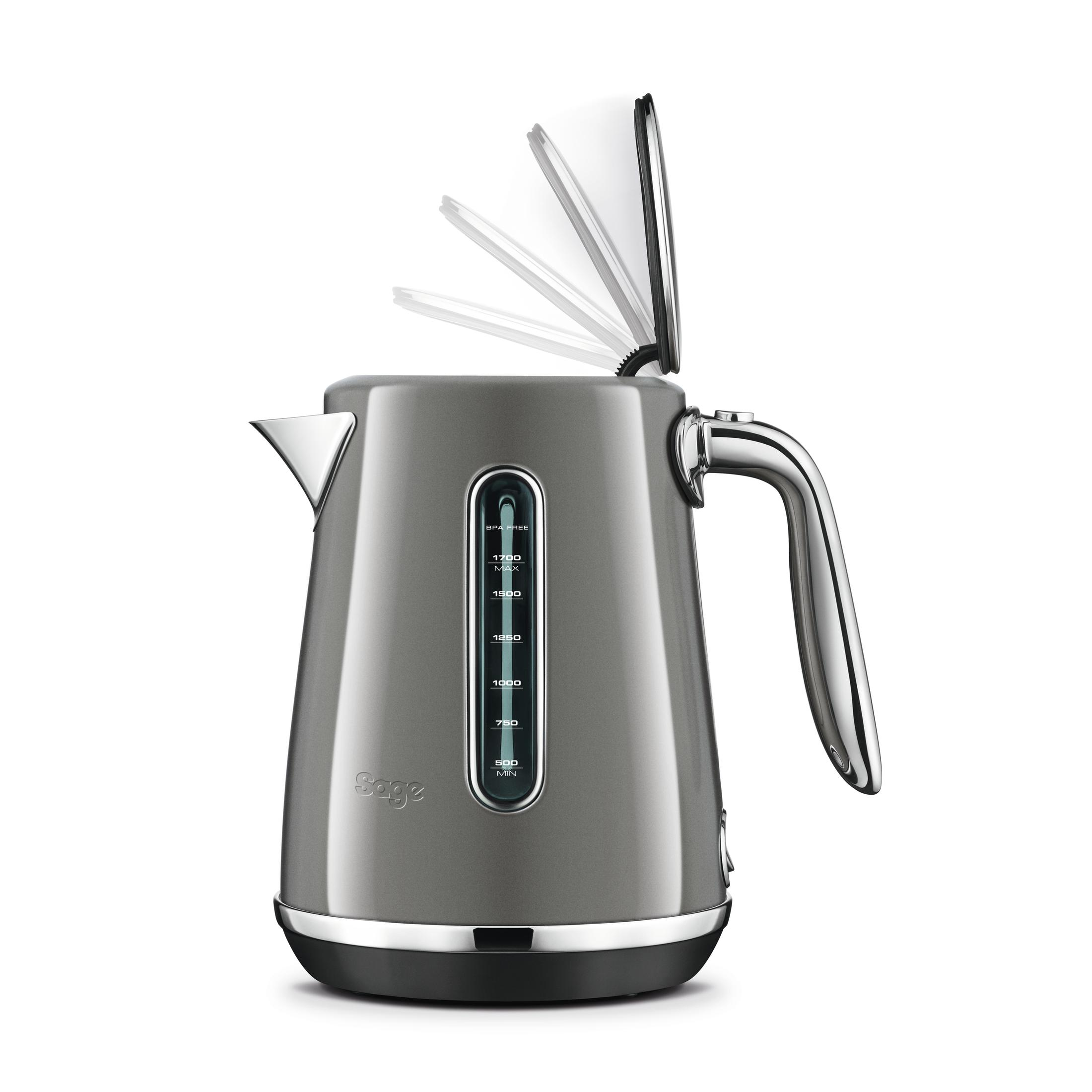 Bollitore elettrico grigio con coperchio aperto, manico e indicatore livello acqua.