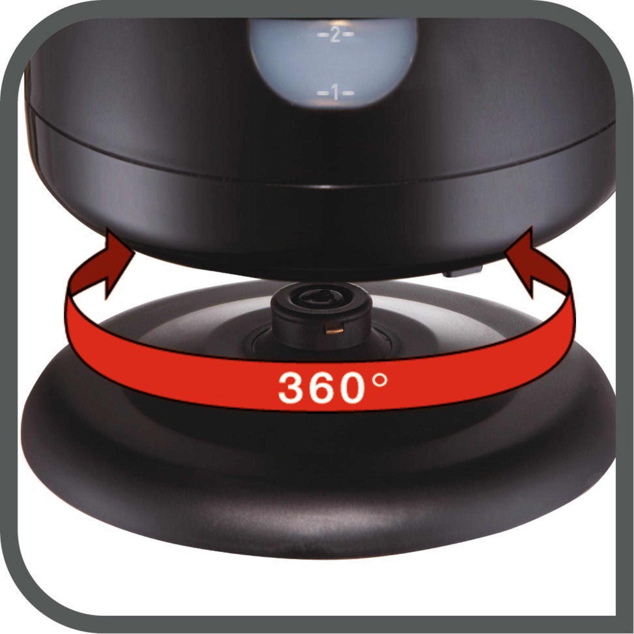 Schwarzer Wasserkocher mit 360° drehbarem Sockel. Pfeile zeigen die Drehung.