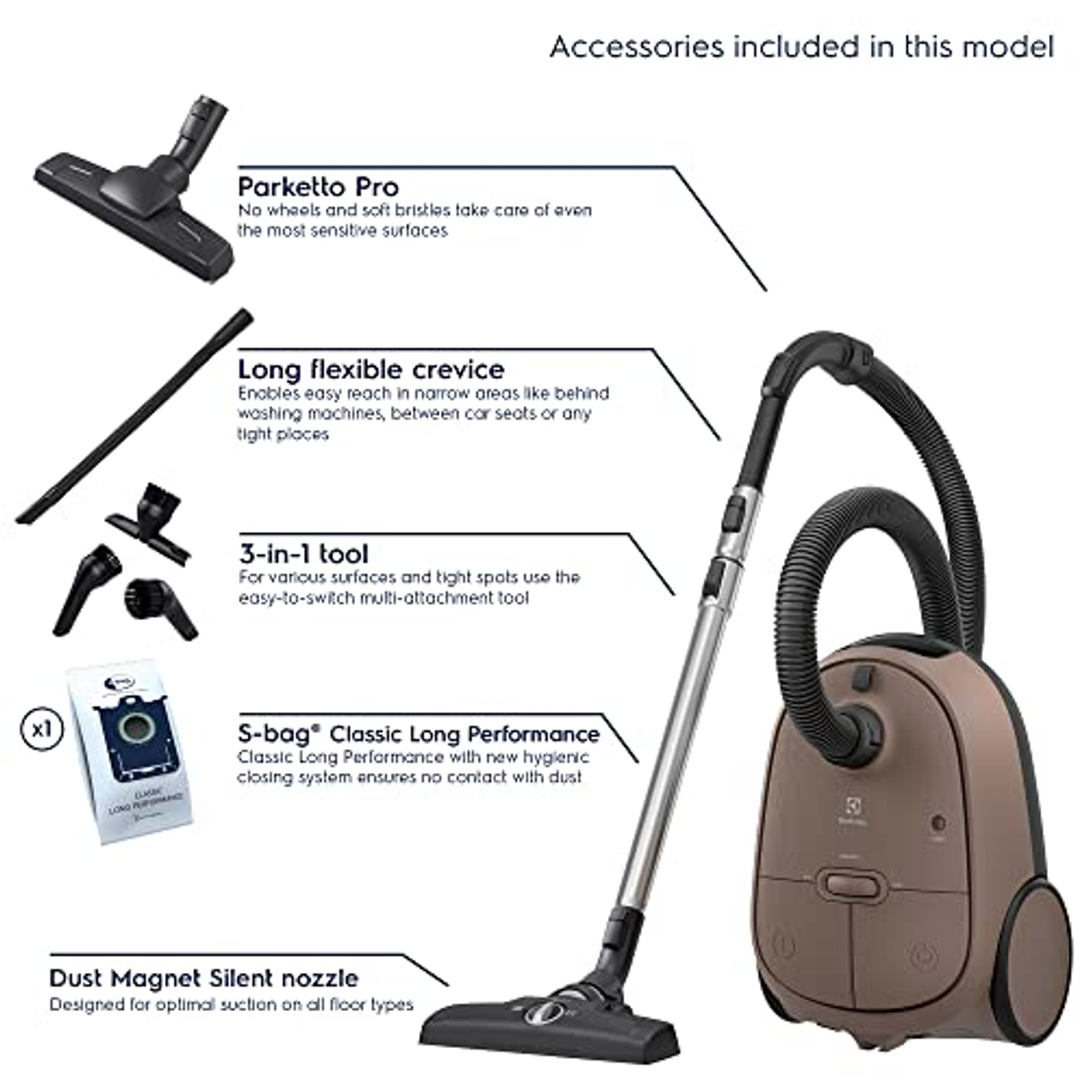 Beżowy odkurzacz Electrolux z akcesoriami. Zawiera szczotkę, dyszę i inne narzędzia.