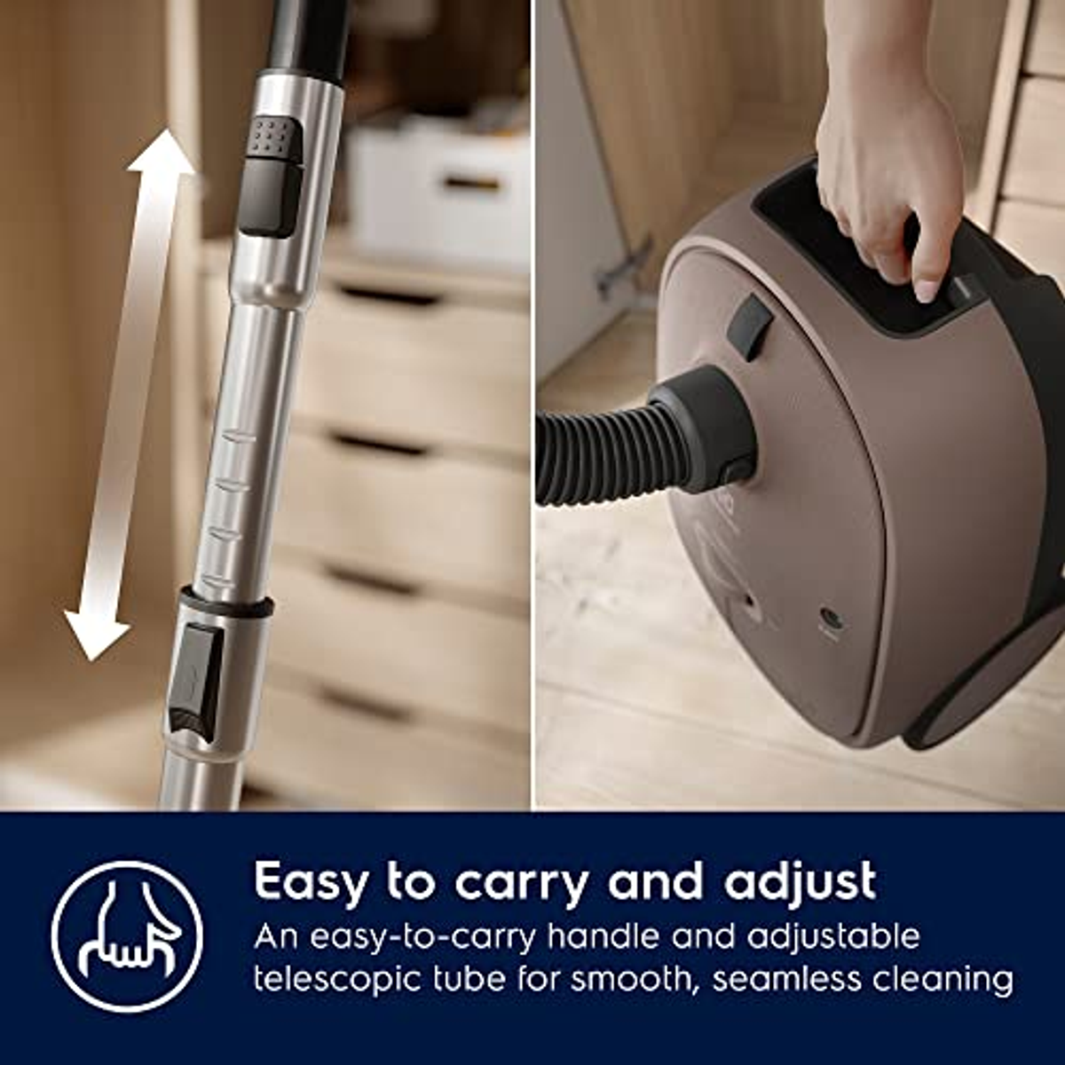 Części odkurzacza: rura teleskopowa i korpus. Tekst: łatwy do przenoszenia i regulacji.