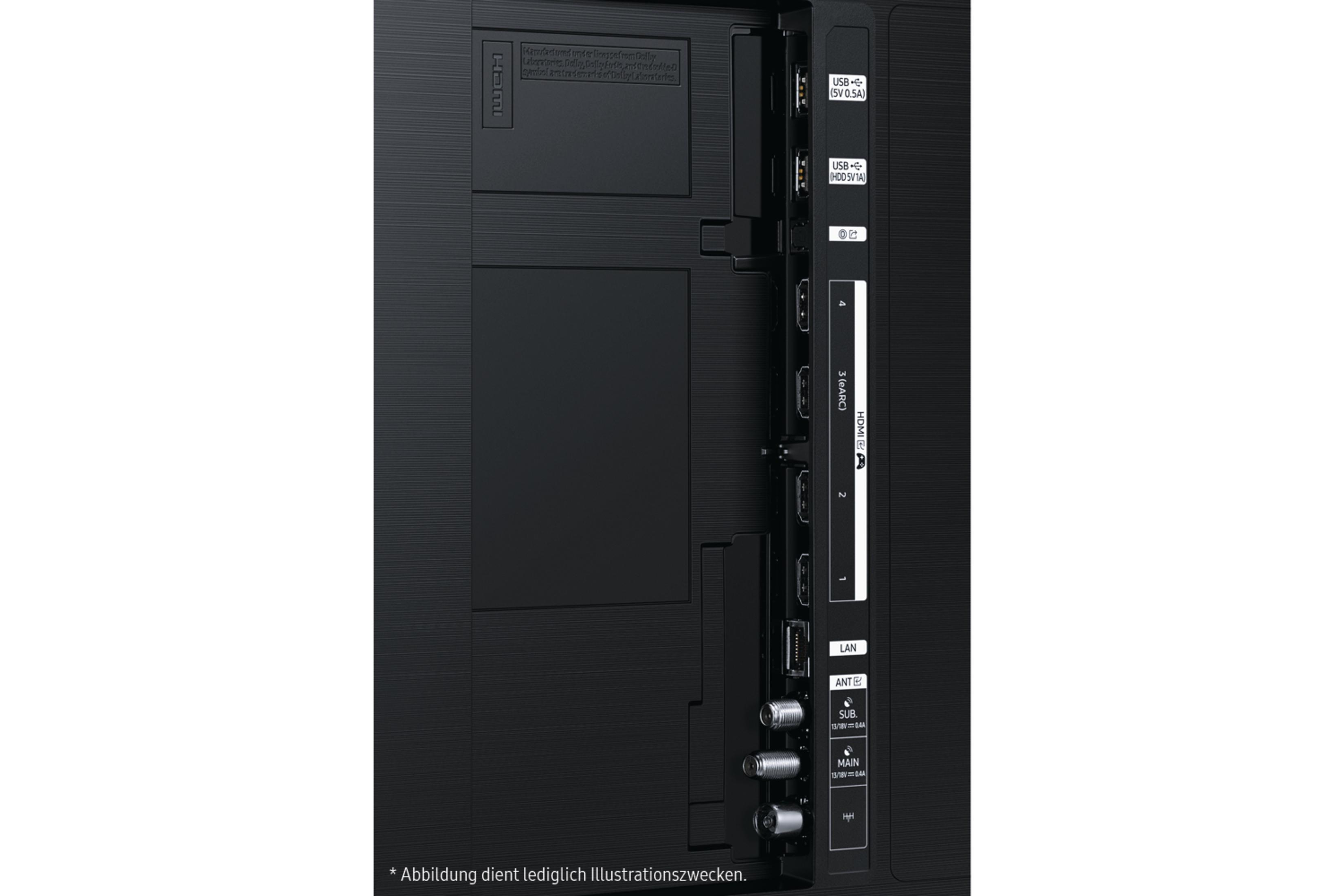 Tył czarnego telewizora. Ma wiele portów dla HDMI, USB, LAN i innych połączeń.