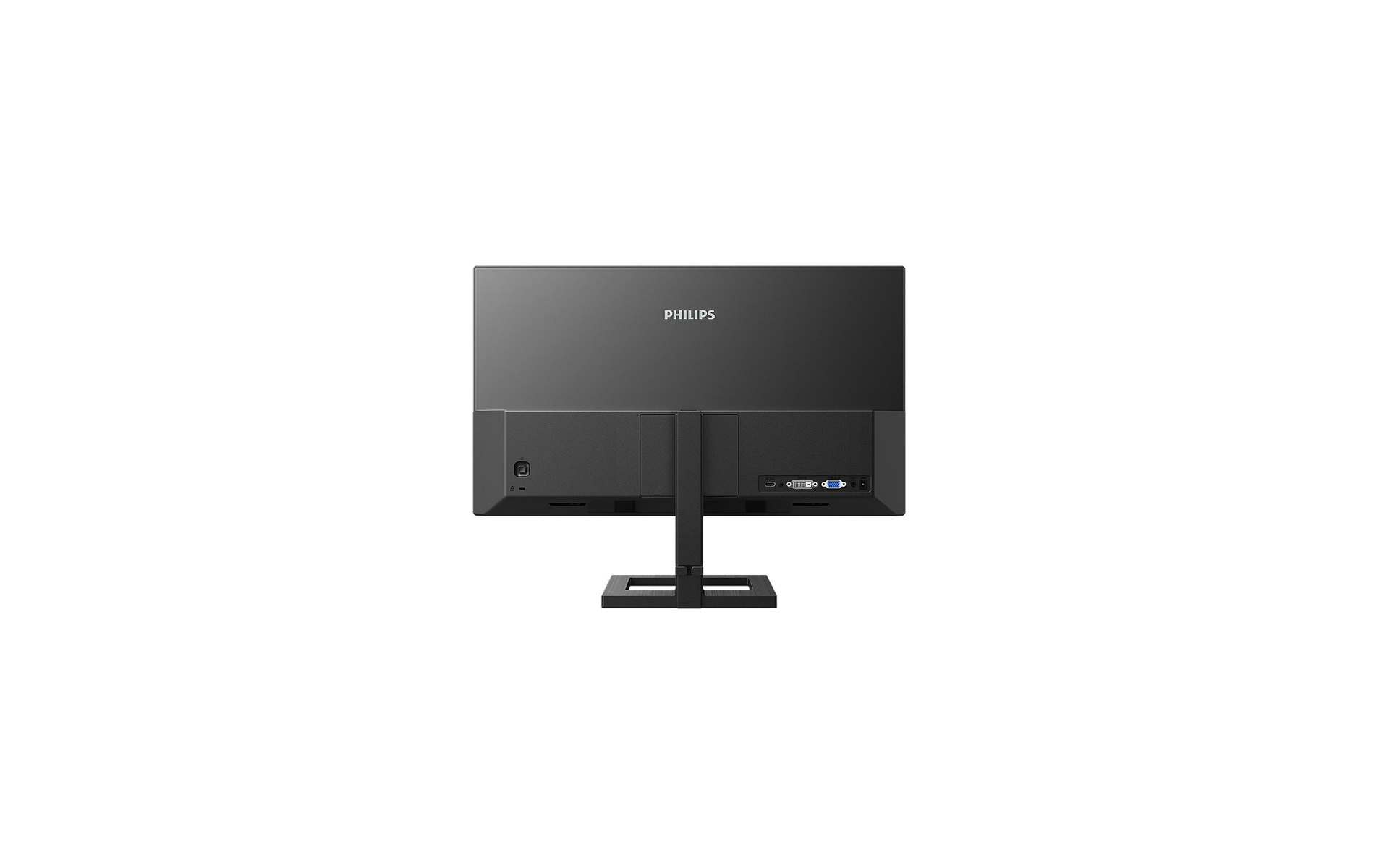 Il retro di un monitor Philips nero. È su un supporto e ha porte.