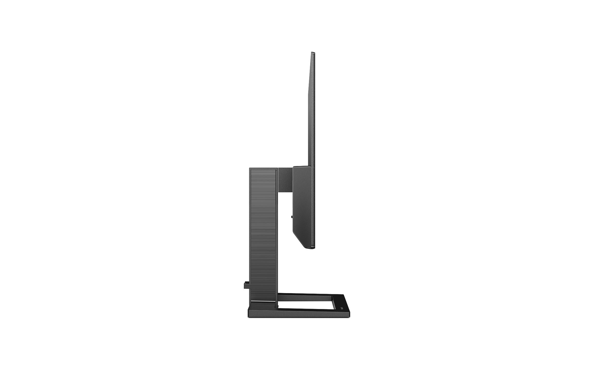 Vista laterale di un monitor del computer nero con un supporto grigio scuro su sfondo bianco.
