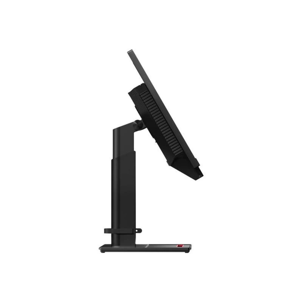 Schwarzer Monitor mit schwarzem Ständer. Der Monitor ist von der Seite und geneigt.