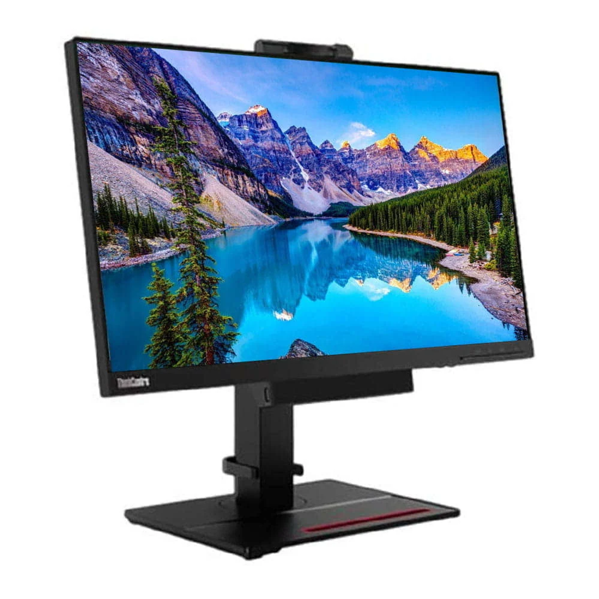 Ein schwarzer Lenovo-Monitor mit einer Berglandschaftsanzeige auf einem schwarzen Ständer.