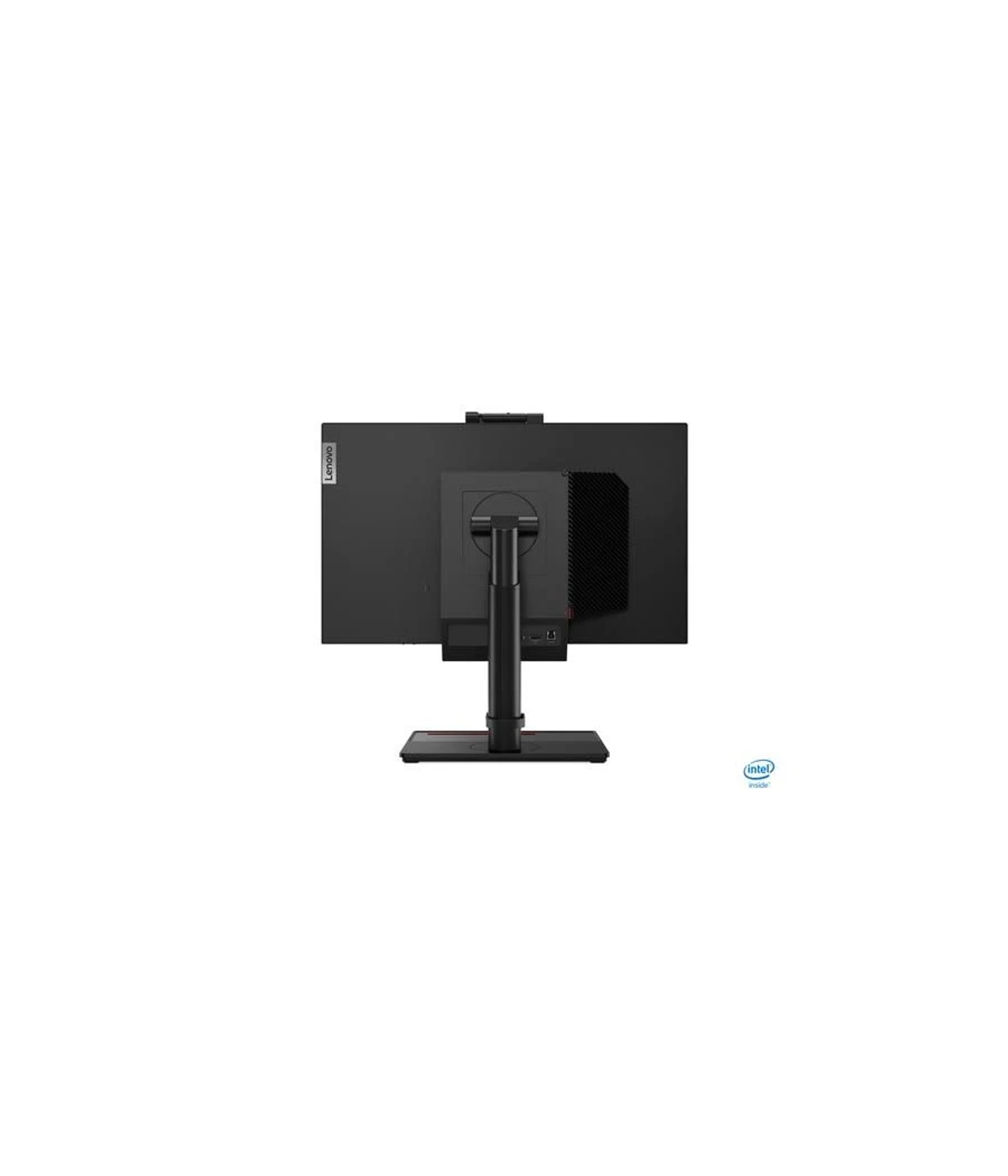 Rückseite eines schwarzen Lenovo-Monitors. Er hat eine eingebaute Webcam und einen Intel-Aufkleber.