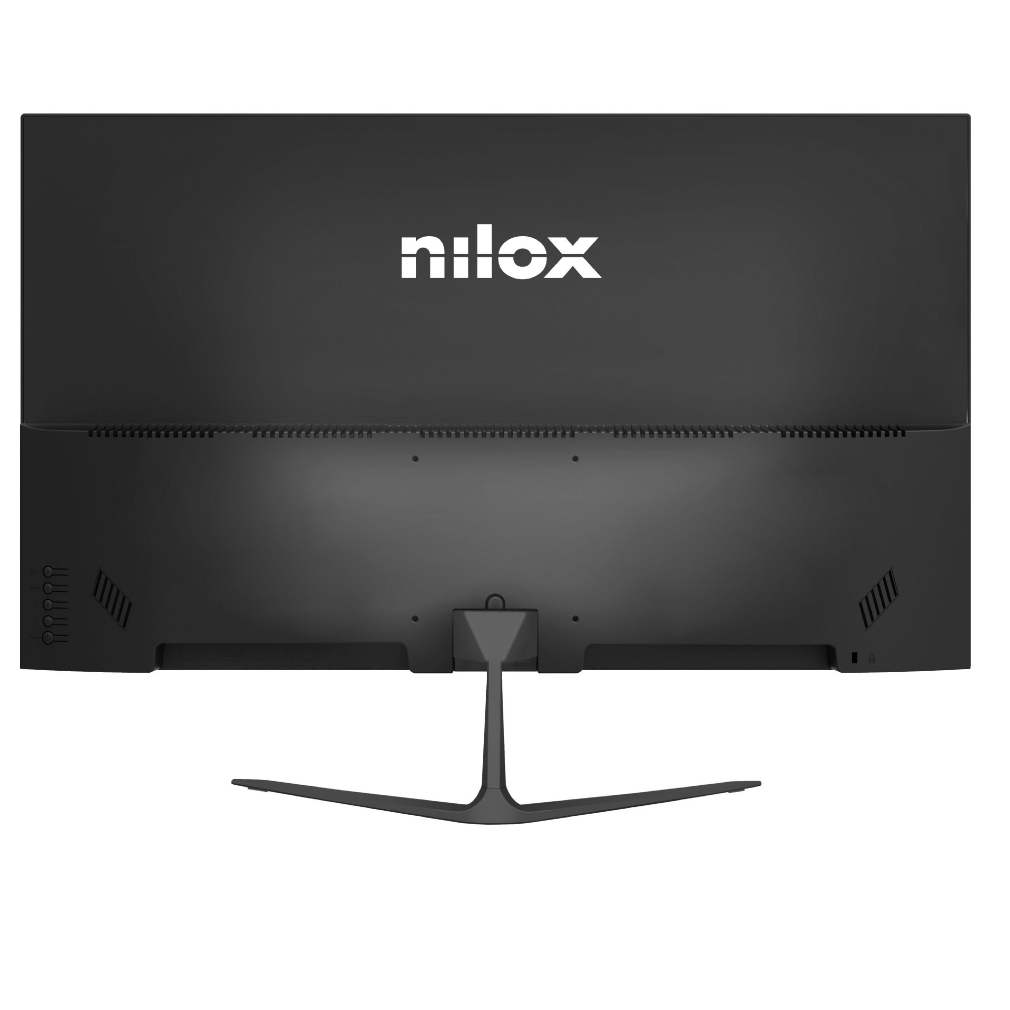 Il retro di un monitor per computer nero con il logo Nilox.
