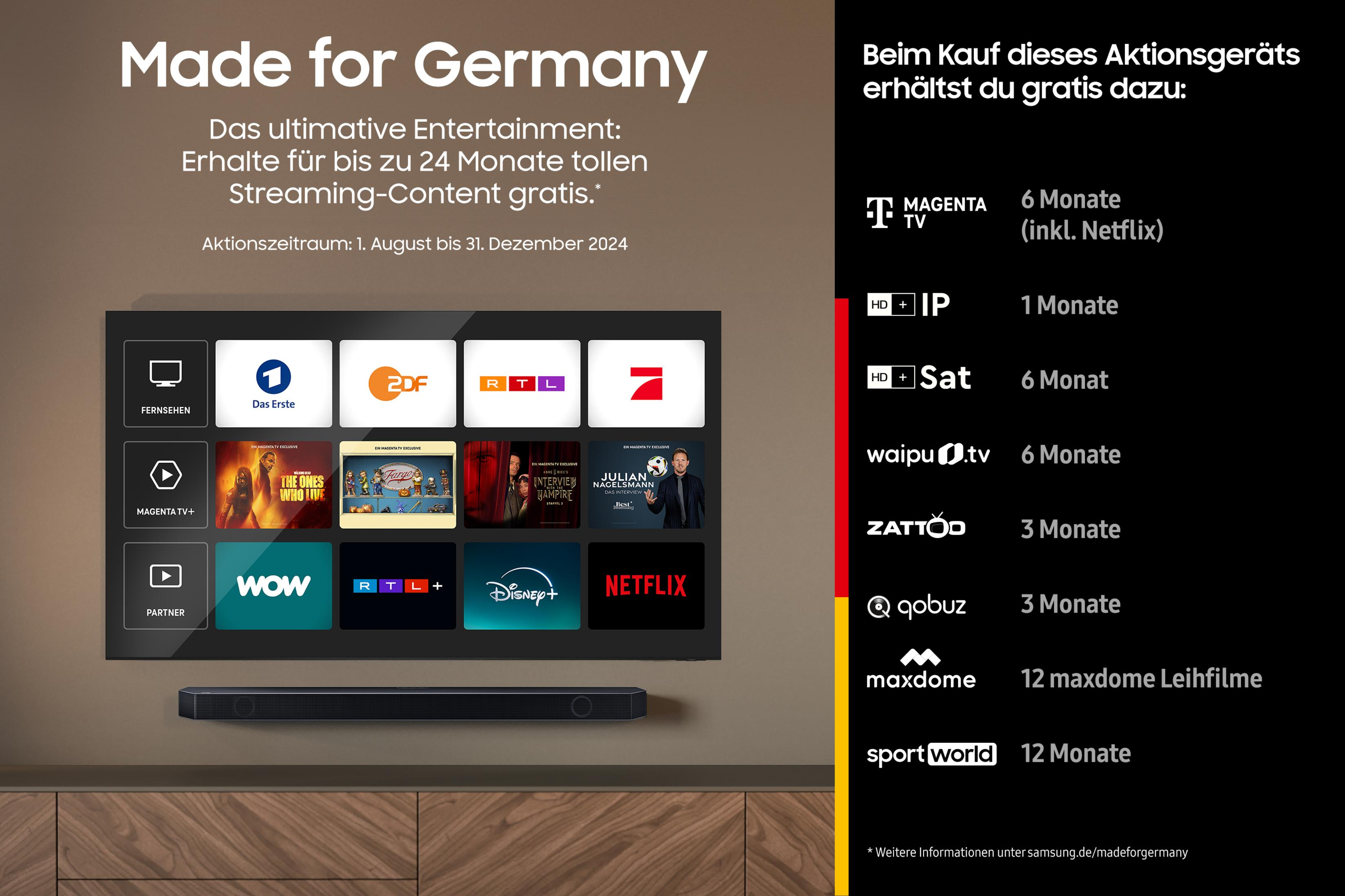 Ekran telewizora z kanałami. Tekst: Made for Germany. Oferty dotyczące treści streamingowych.