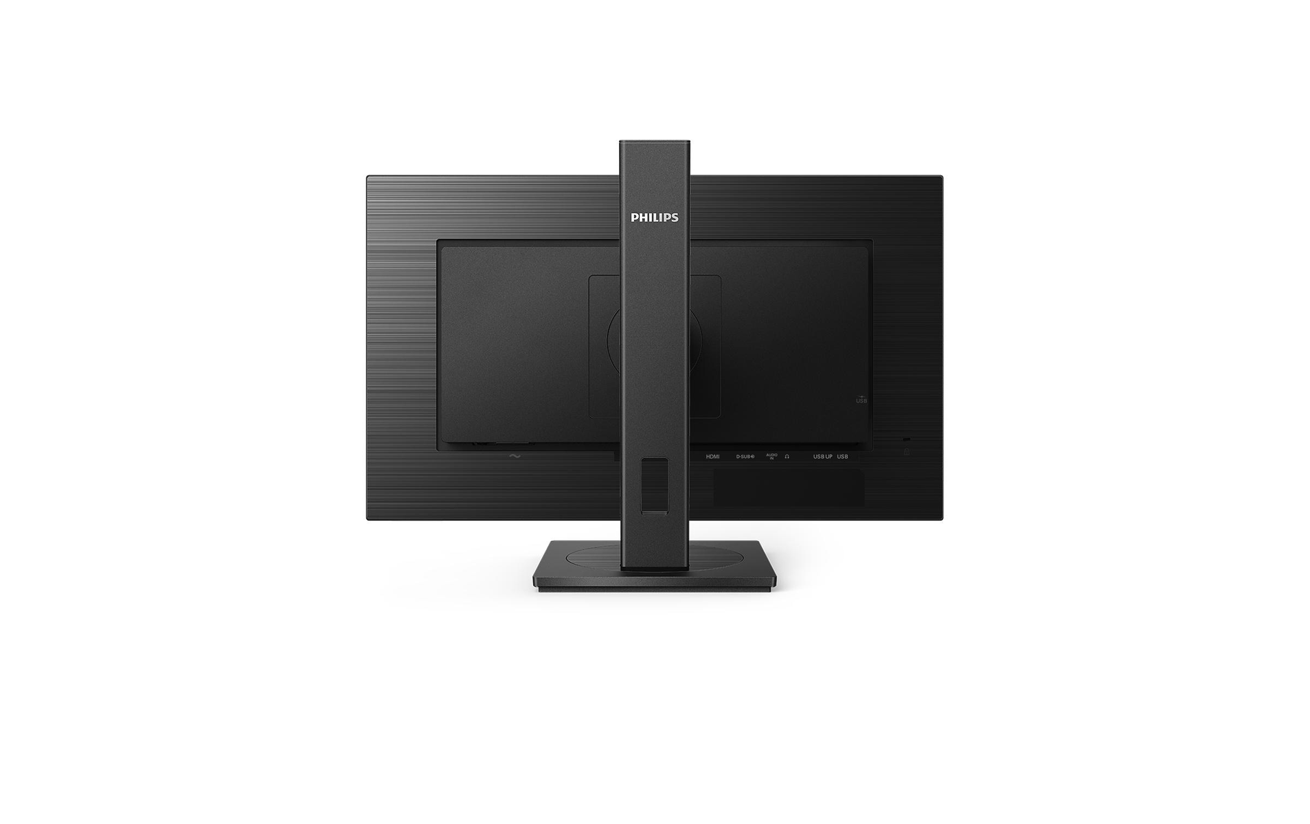 A computer monitor, seen from the back, with a black screen and a Philips logo on the top.