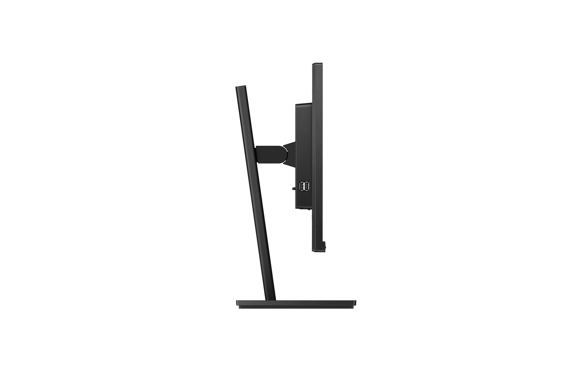 Side view of a black computer monitor on a white background.