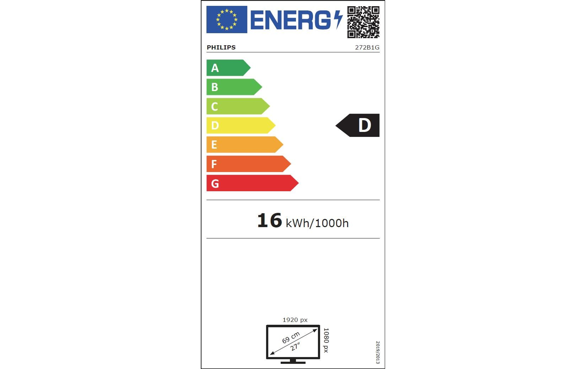 Energy label for a Philips monitor, showing energy efficiency class D and other details.