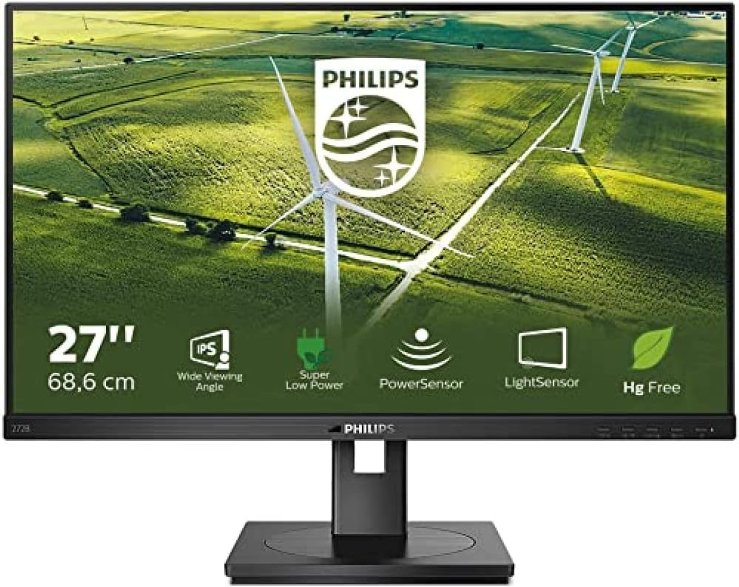 Black computer monitor with a green background, and white wind turbines on the screen.