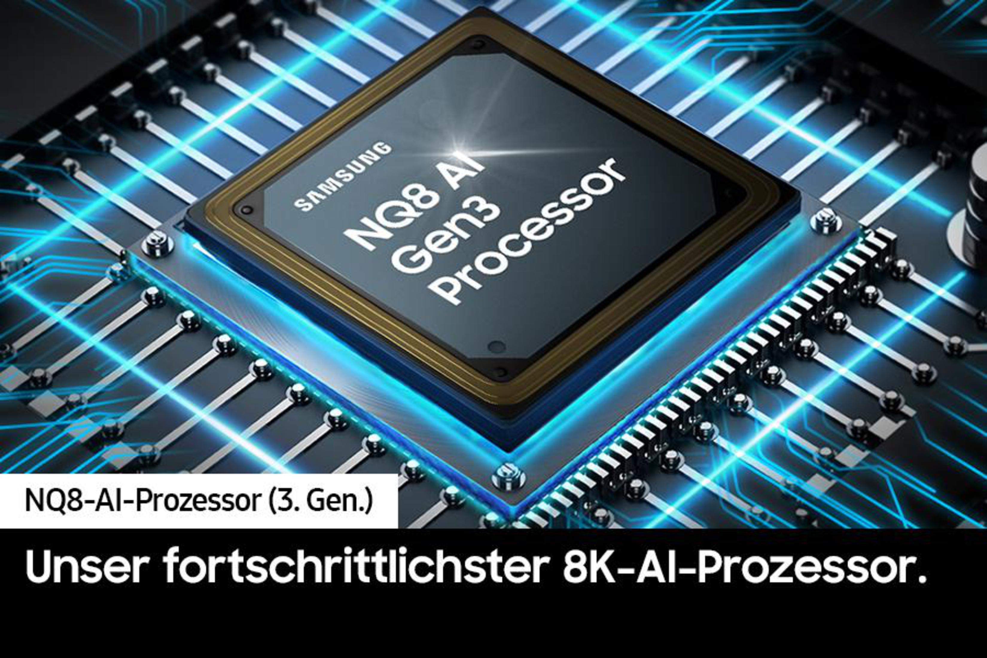 Zbliżenie na chip procesora Samsung z niebieskim wzorem światła.