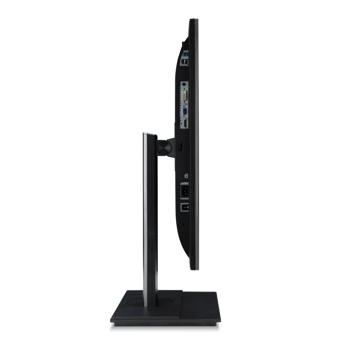 Una vista di profilo del monitor nero con supporto e porte.