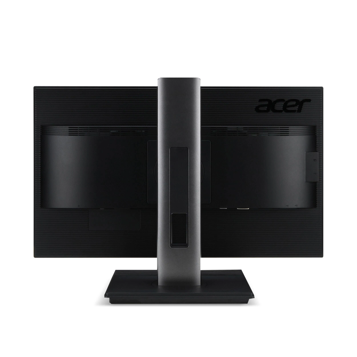Vista posteriore di un monitor Acer nero con supporto. Logo Acer visibile. Texture a coste sul retro.