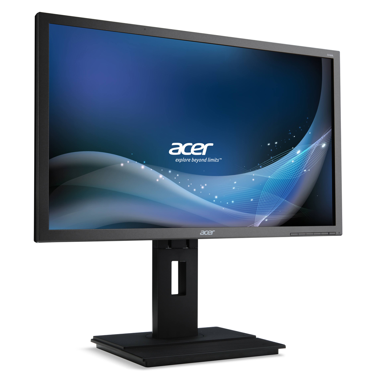 Monitor Acer nero con sfondo astratto blu scuro e bianco, su supporto nero.