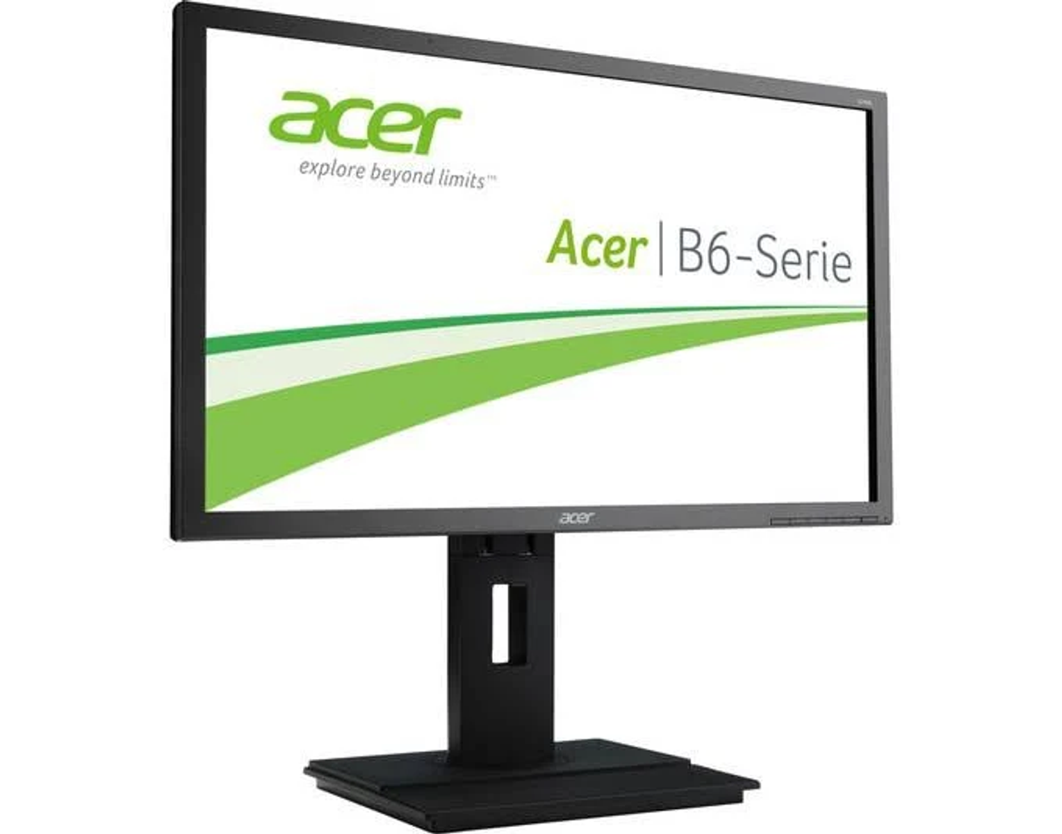 Un monitor Acer nero con uno schermo bianco che mostra testo e una striscia verde. Una base nera.