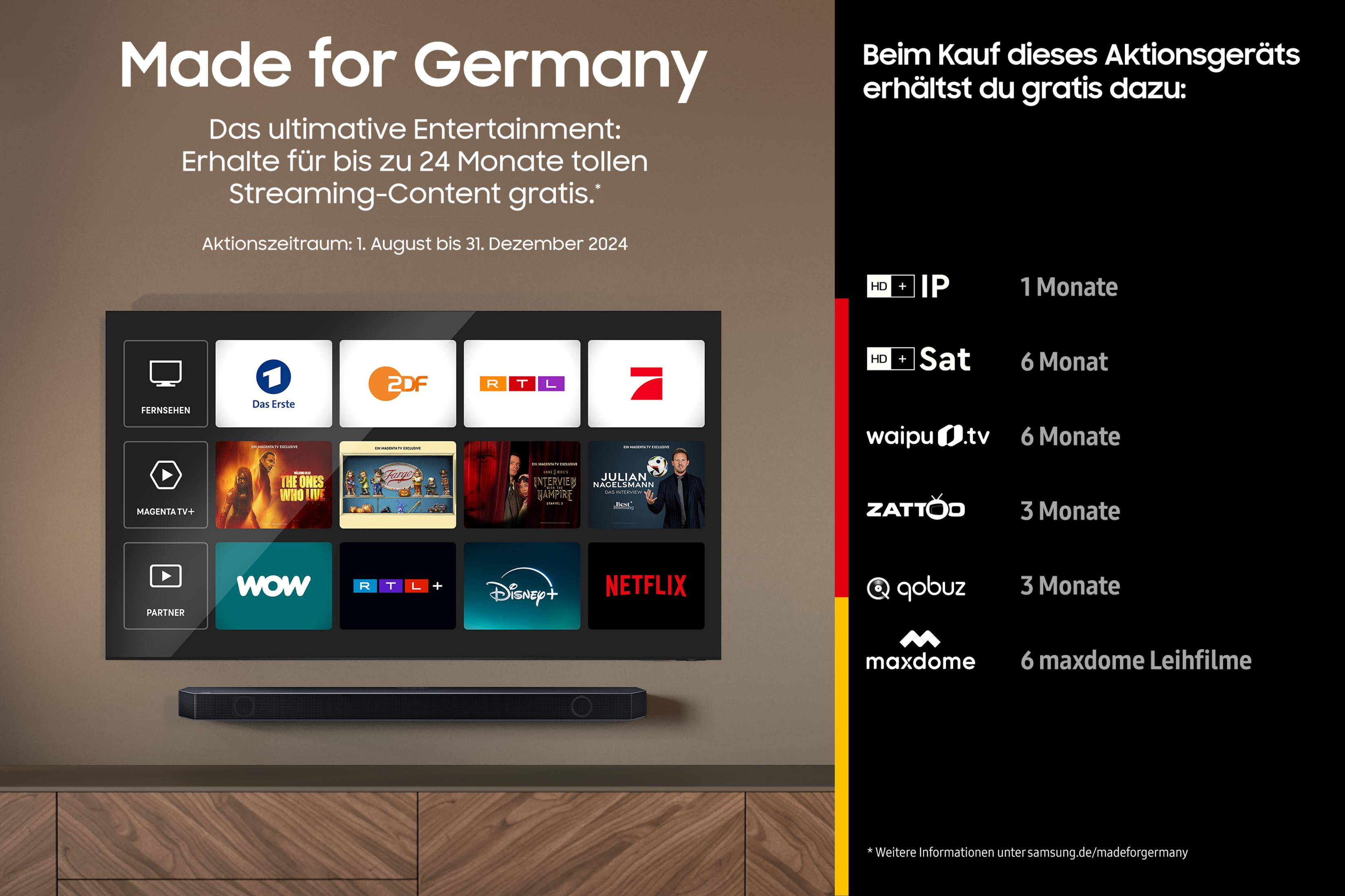 Ekran telewizora pokazujący różne usługi streamingowe i teksty o promocji.