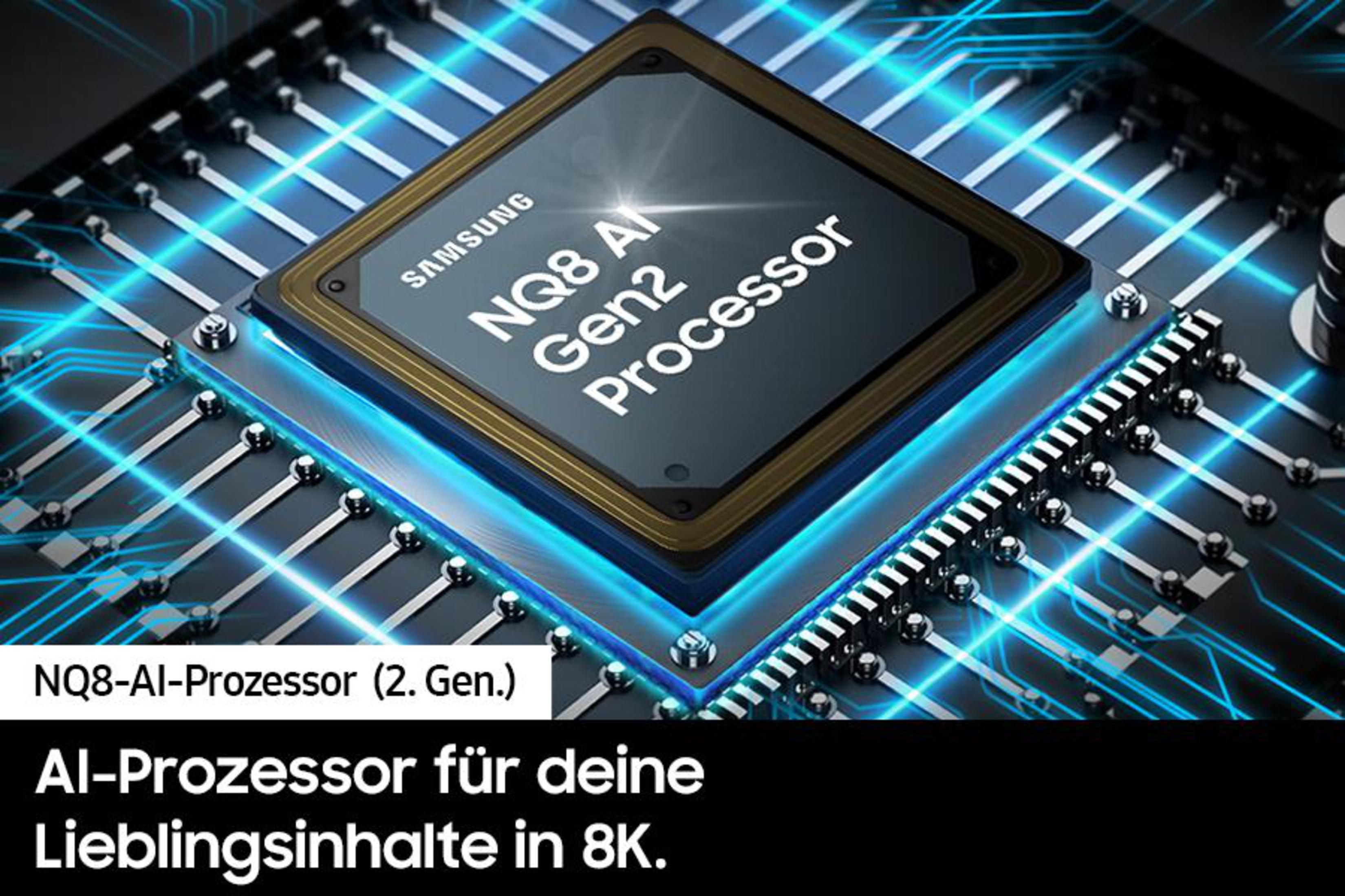 Zbliżenie układu scalonego oznaczonego 'NQ8 AI Gen2 Processor' na niebieskiej płytce drukowanej.