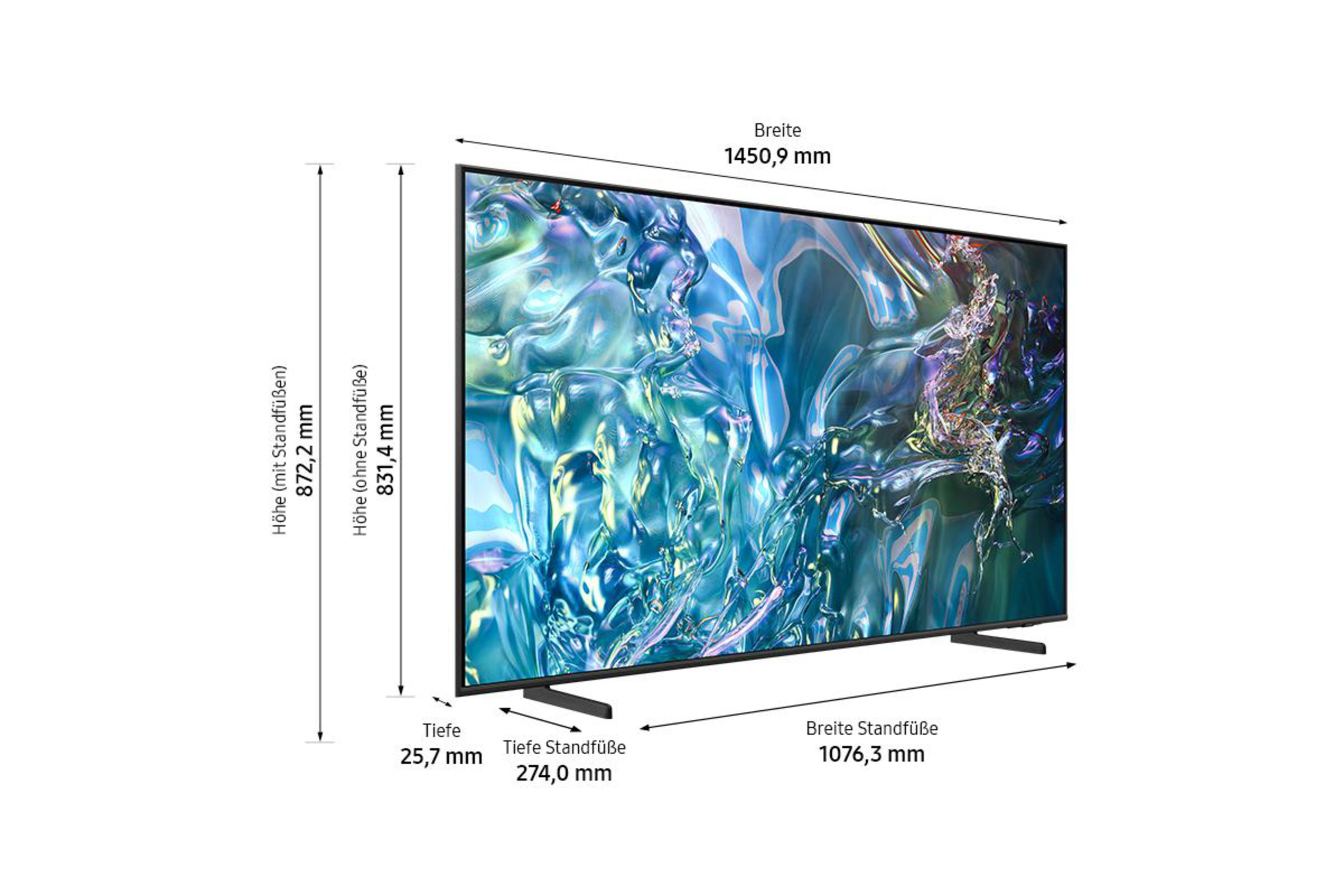 Telewizor Samsung na białym tle. Wymiary i pomiary są wyświetlane wokół telewizora.