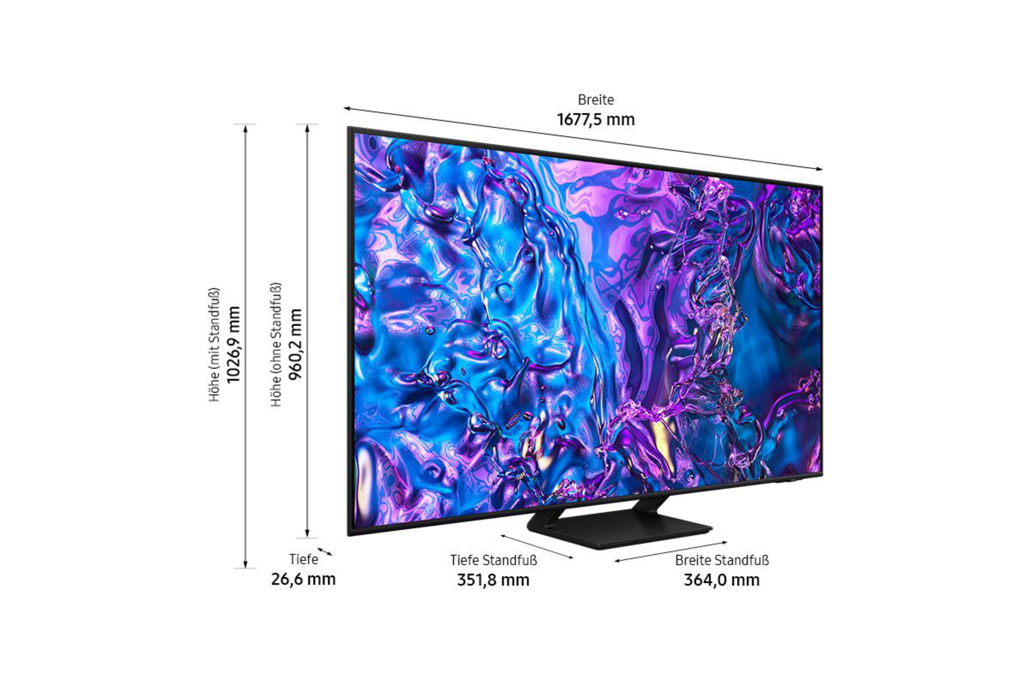 Duży telewizor wyświetla wymiary: szerokość, wysokość i głębokość. Ekran pokazuje fioletowo-niebieski wzór.