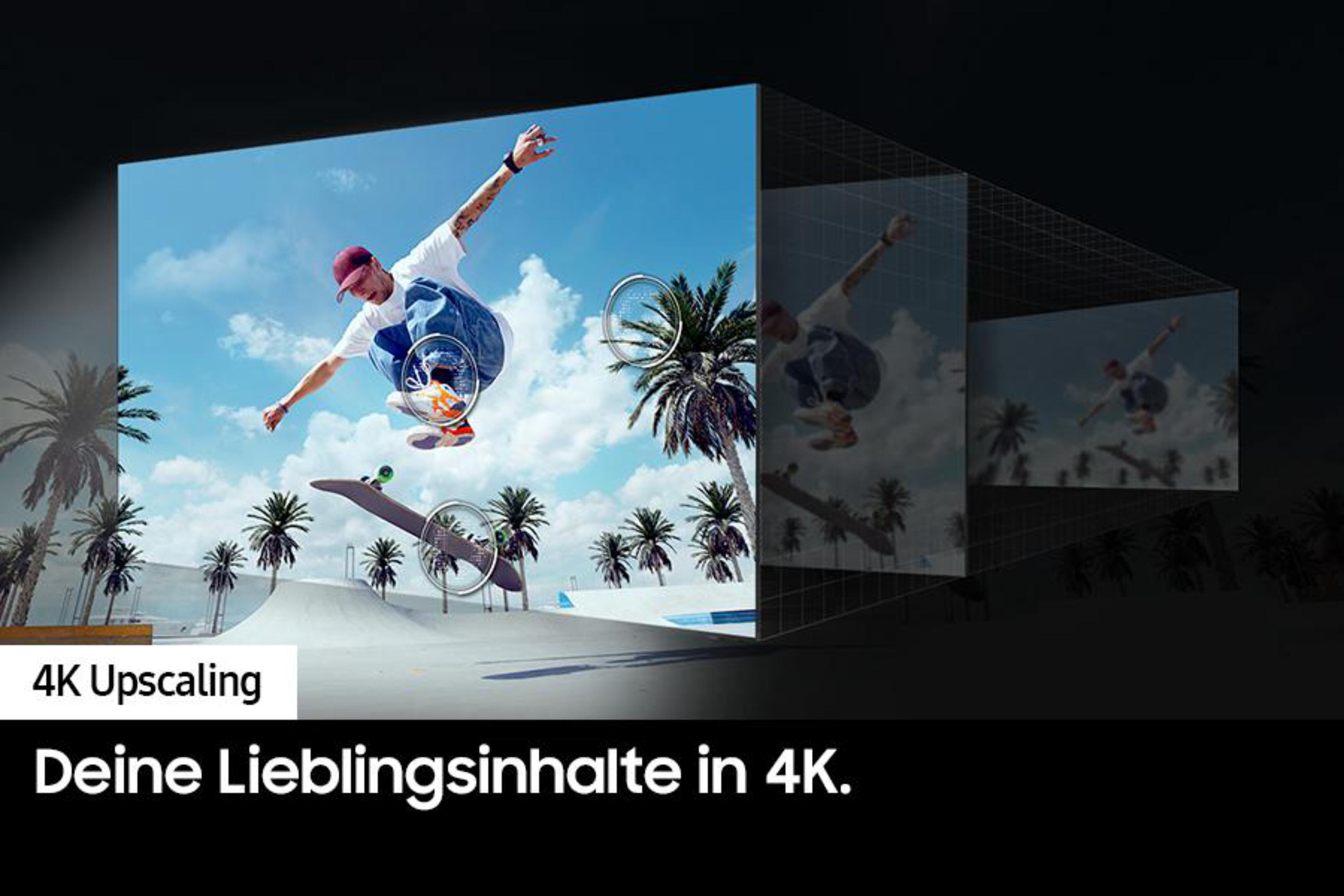 Obraz deskorolkarza wykonującego trik. Tekst: '4K Upscaling'.