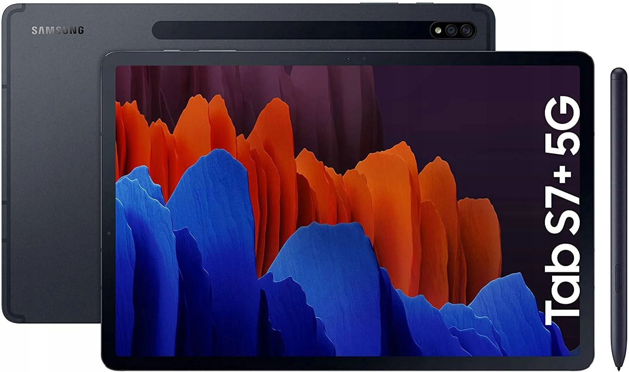 Un tablet con uno stilo, che mostra la parte anteriore e posteriore.
