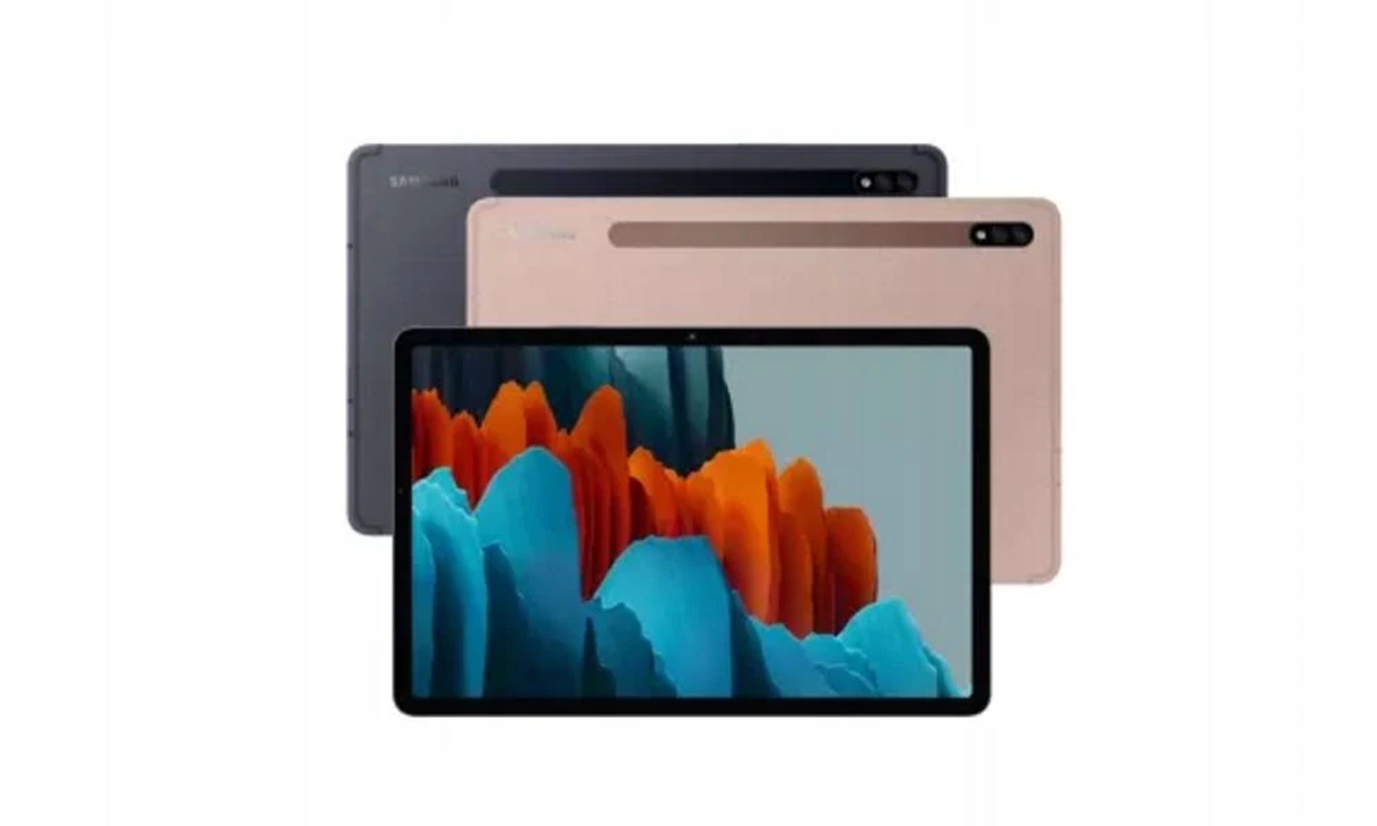 Tre tablet con schermo colorato, retro rosa e grigio, uno rivolto verso l'alto.