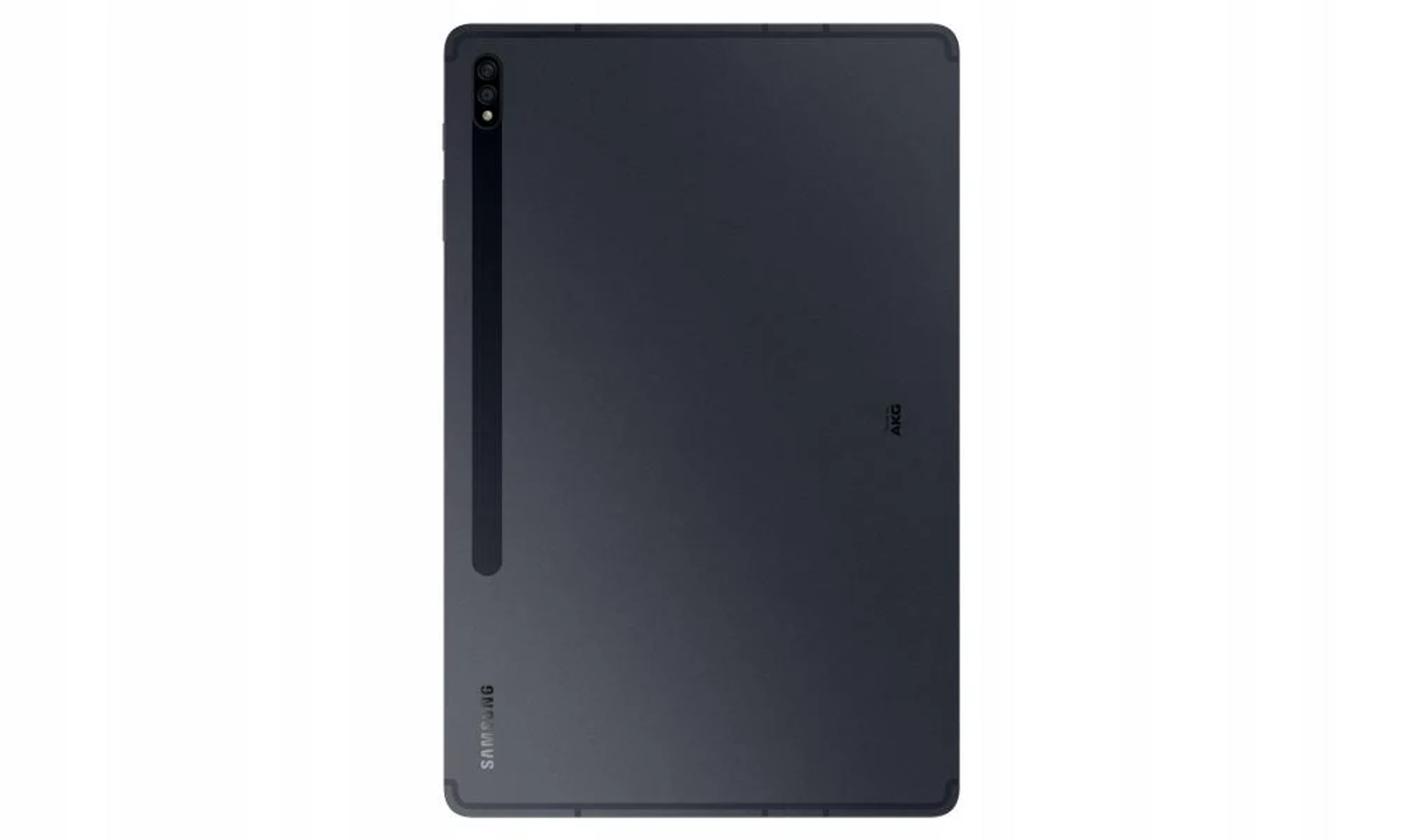 Un tablet grigio scuro con fotocamera e logo Samsung su sfondo bianco.