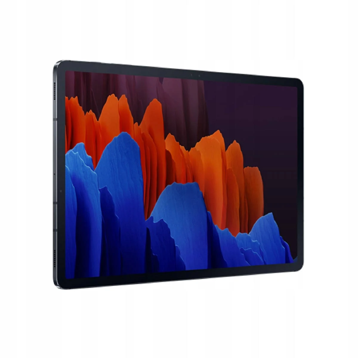 Un tablet nero con un'immagine astratta vibrante sullo schermo. Sfondo bianco.