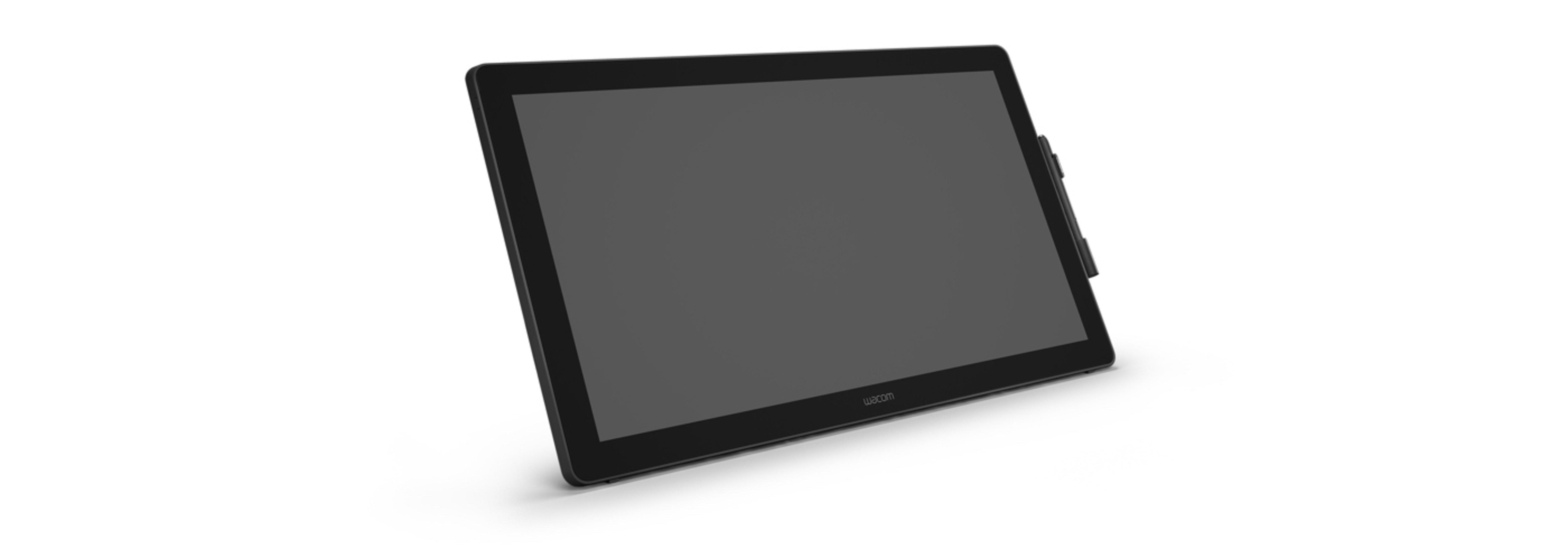 Un tablet nero con uno stilo nero su sfondo bianco.