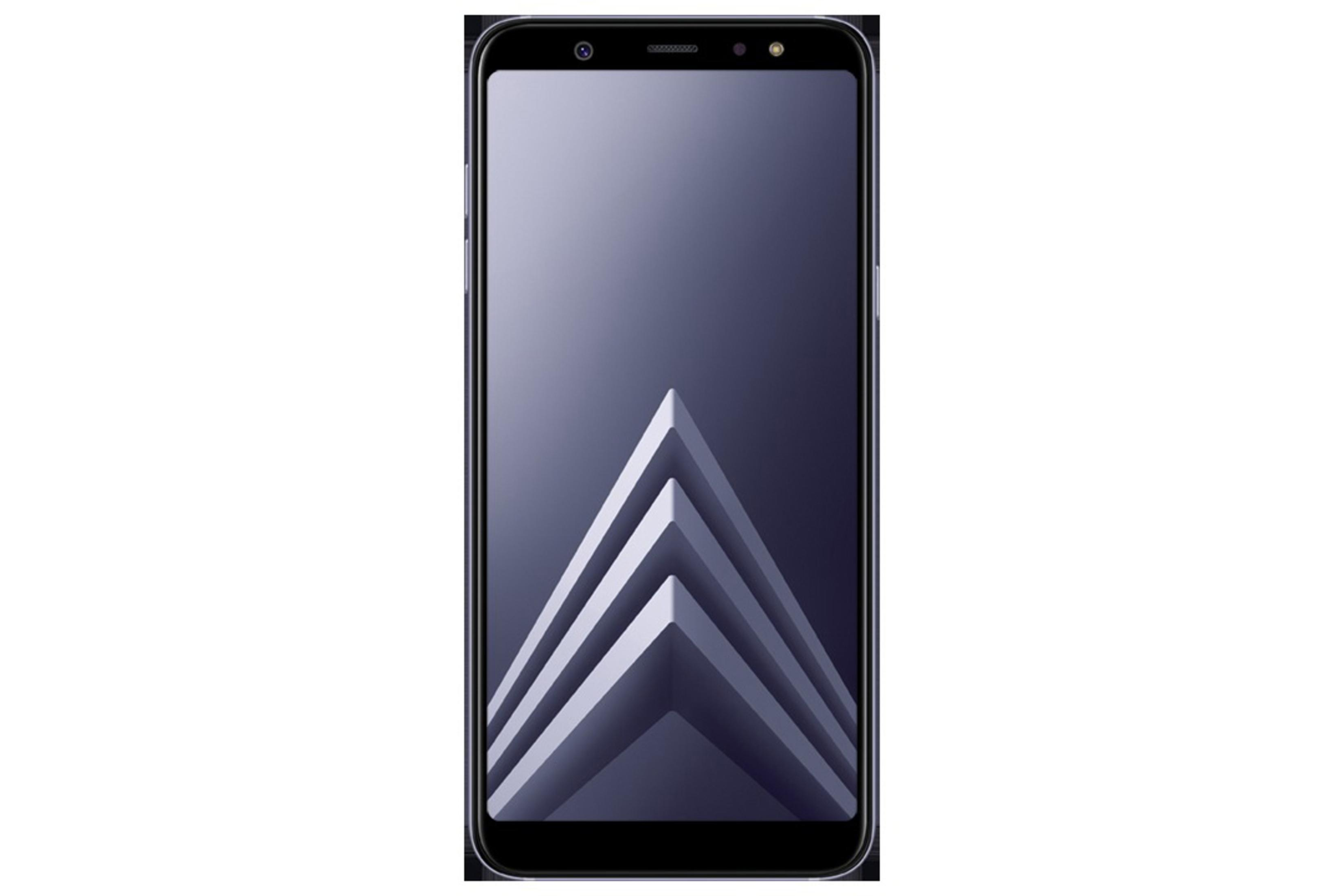Ein schwarzes Smartphone mit großem Bildschirm. Der Bildschirm zeigt ein geometrisches Design.