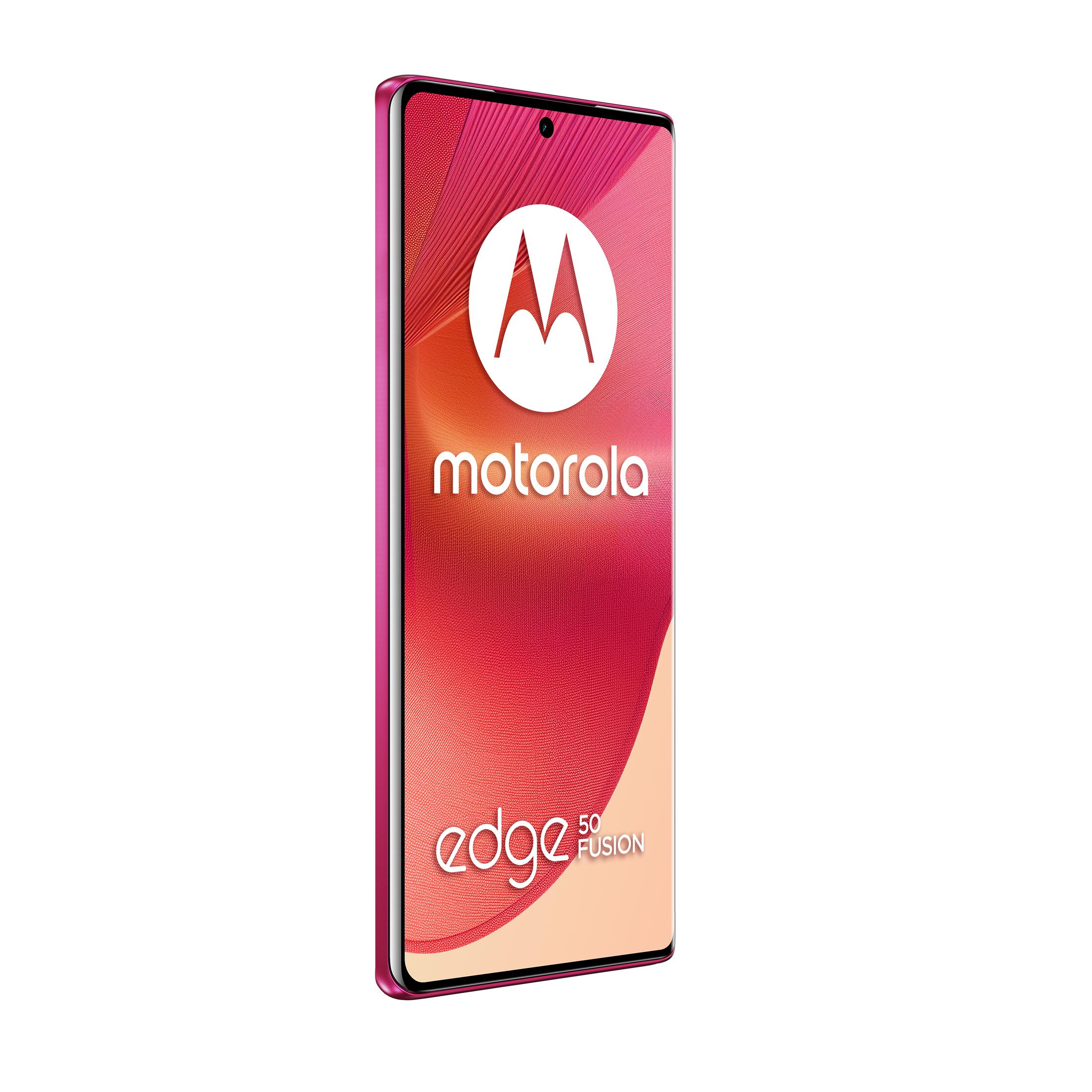 Rosa Motorola-Telefon. Weißer Hintergrund. Das Telefon hat das Markenlogo und den Text Edge 50 Fusion.
