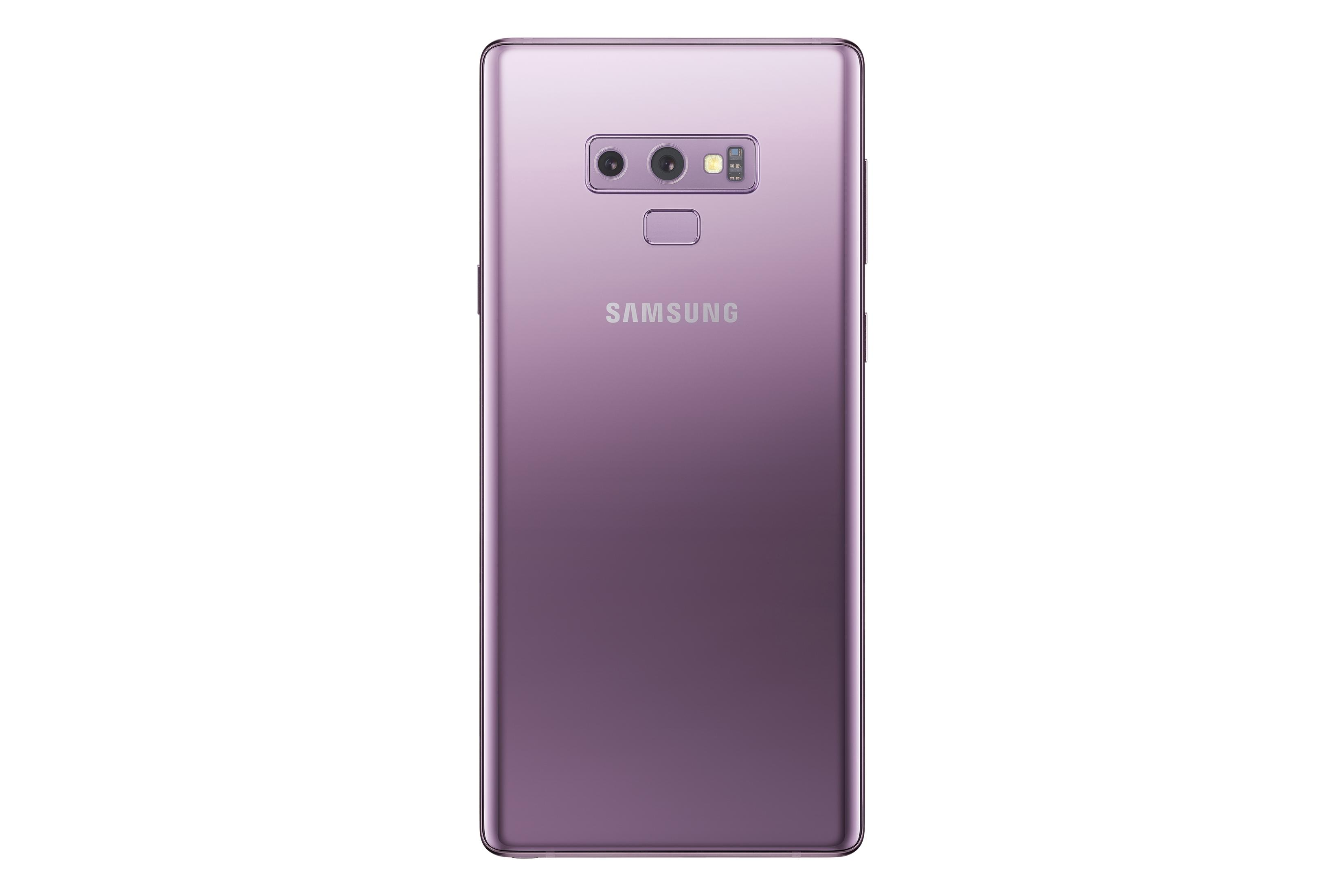 Telefono viola Samsung Galaxy Note 9. Vista posteriore, che mostra la fotocamera e il logo Samsung.