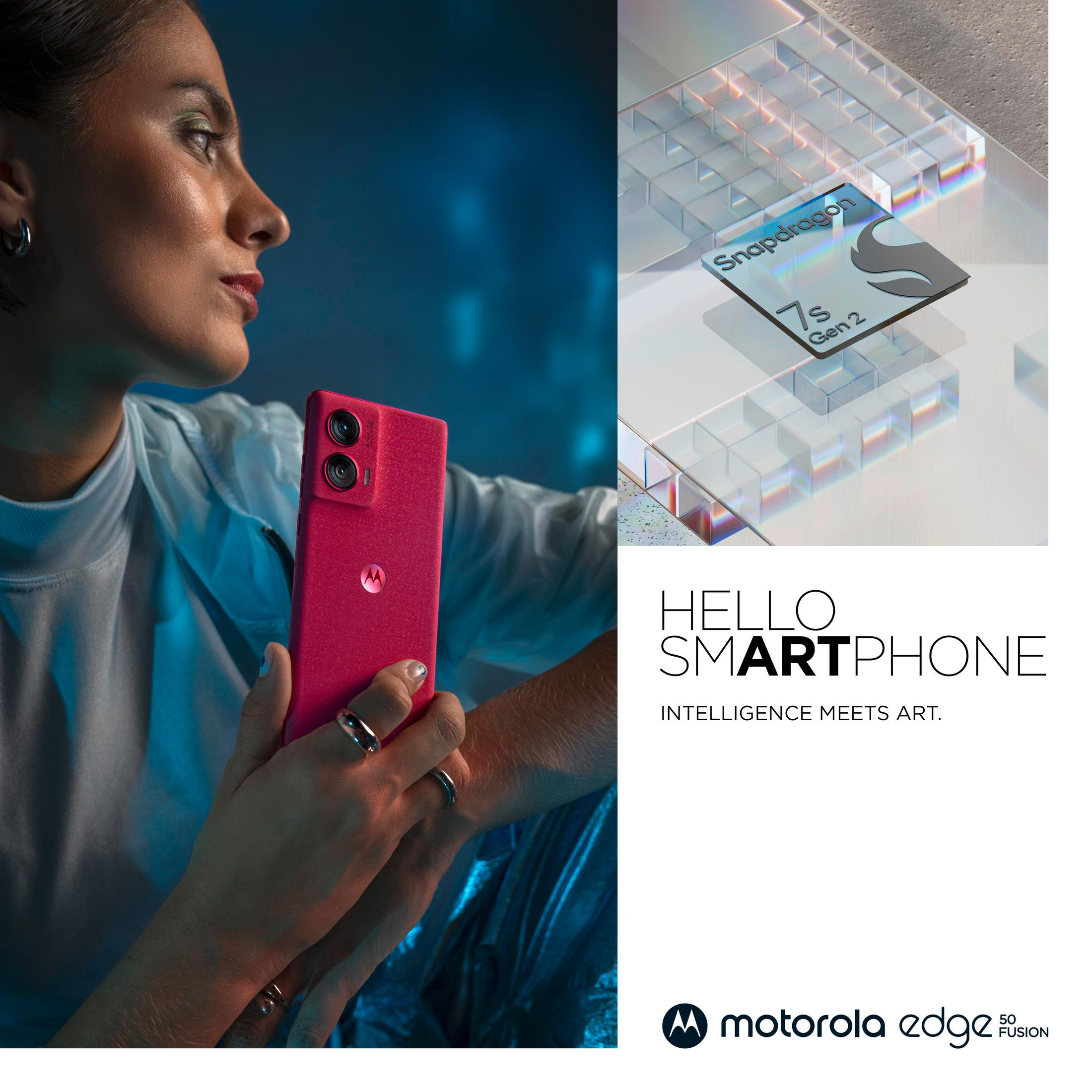 Eine Frau hält ein rosa Telefon. Eine Grafik mit Text über ein Smartphone befindet sich rechts. Der Hintergrund ist blau.