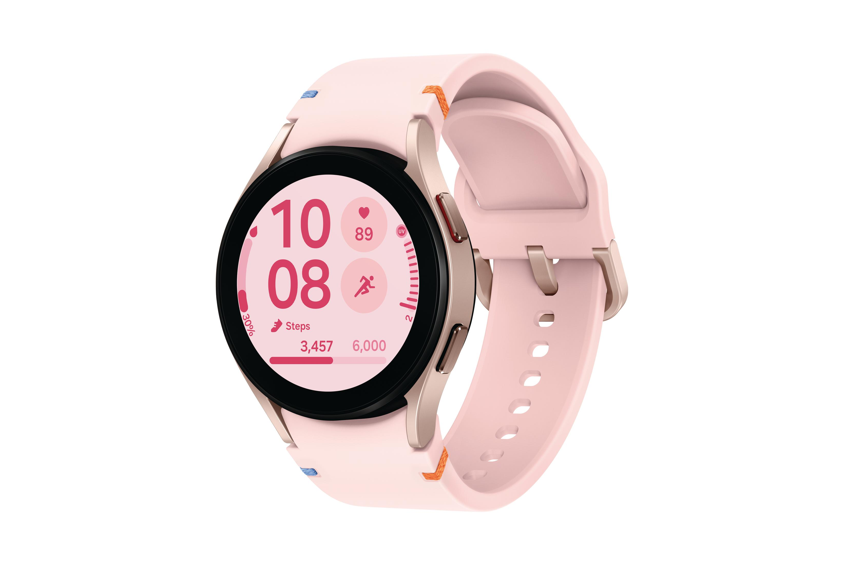 Eine rosa Smartwatch mit rosa Armband, zeigt Zeit und Schritte.